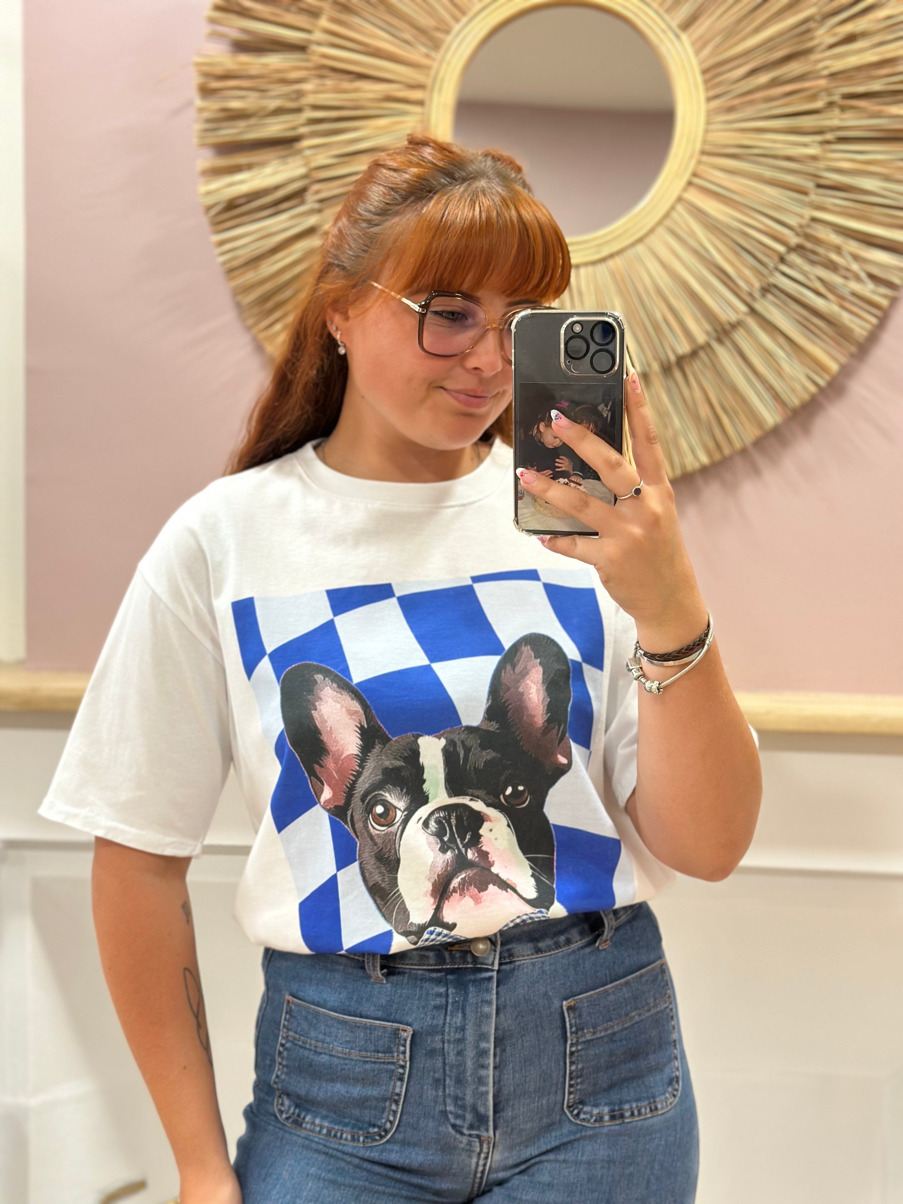 Tee-shirt blanc femme à motif Bouledogue Français noir et blanc – L'Esstiel Made in Italy – Miss Caprice