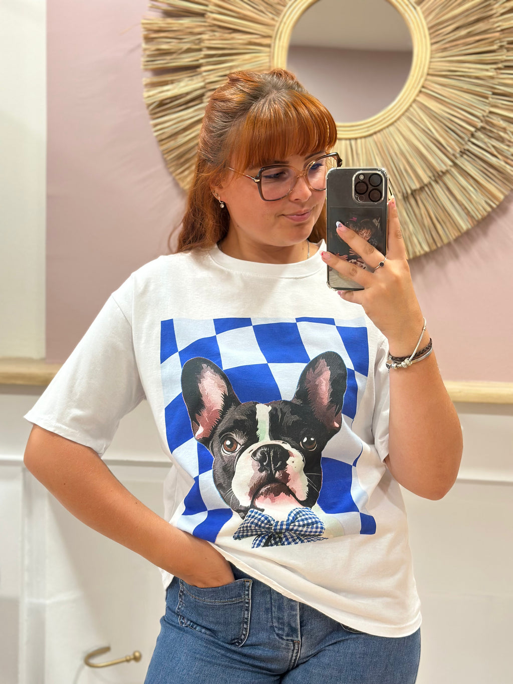 Tee-shirt blanc femme à motif Bouledogue Français noir et blanc – L'Esstiel Made in Italy – Miss Caprice