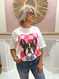 Tee-shirt blanc femme à motif Bouledogue Français noir et blanc avec nœud rose – L'Esstiel Made in Italy – Miss Caprice