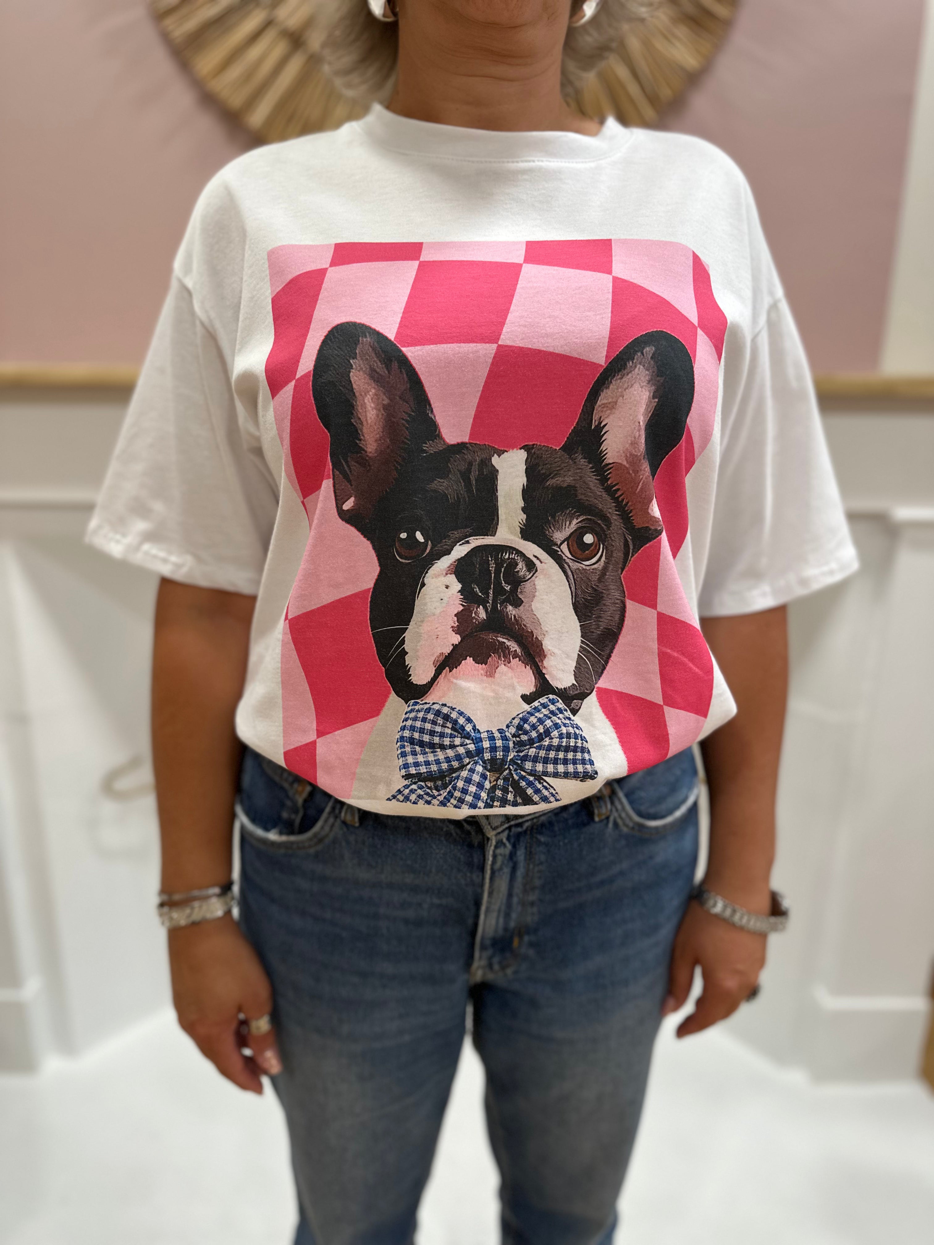 Tee-shirt blanc femme à motif Bouledogue Français noir et blanc avec nœud rose – L'Esstiel Made in Italy – Miss Caprice