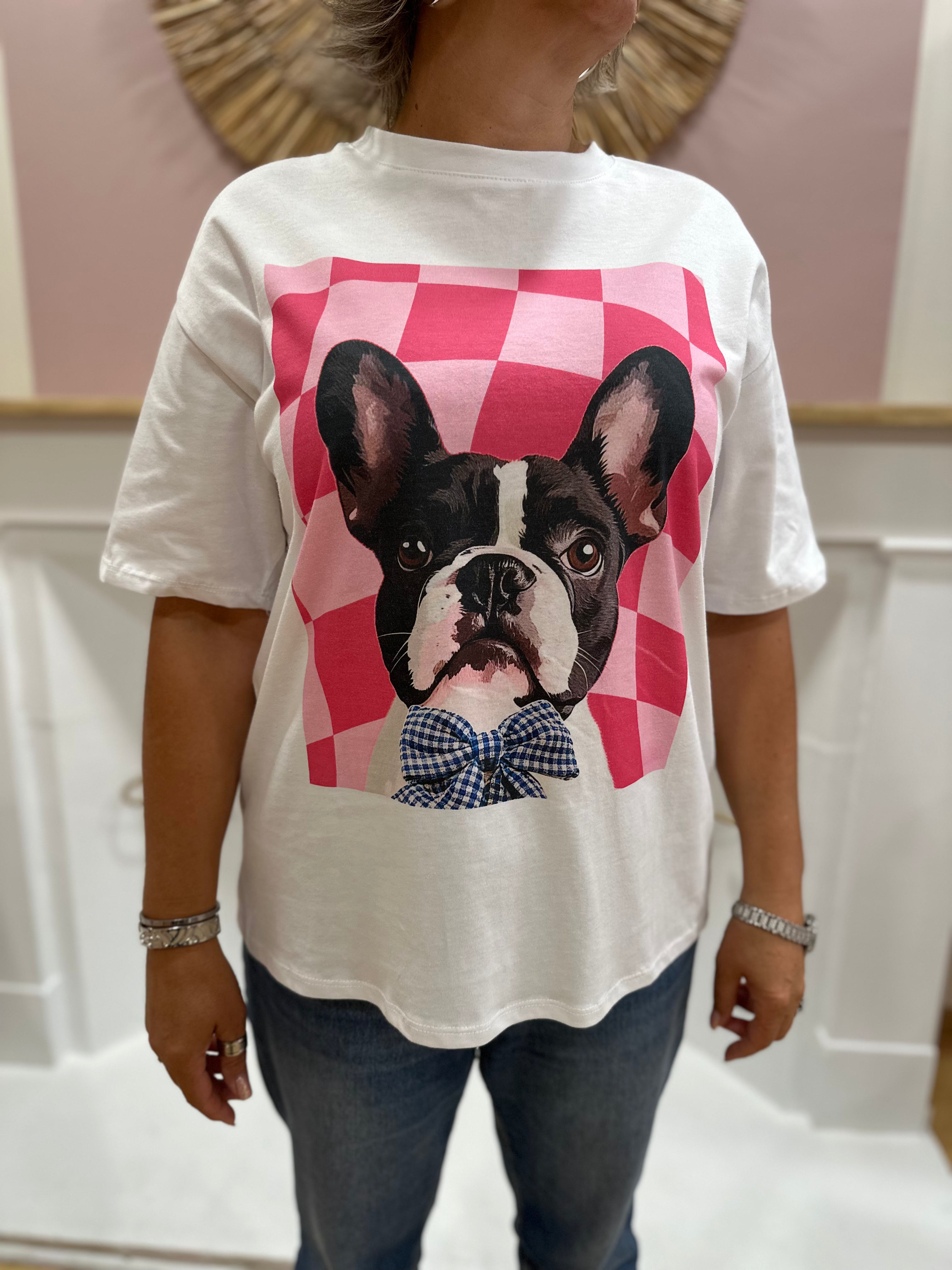 Tee-shirt blanc femme à motif Bouledogue Français noir et blanc avec nœud rose – L'Esstiel Made in Italy – Miss Caprice