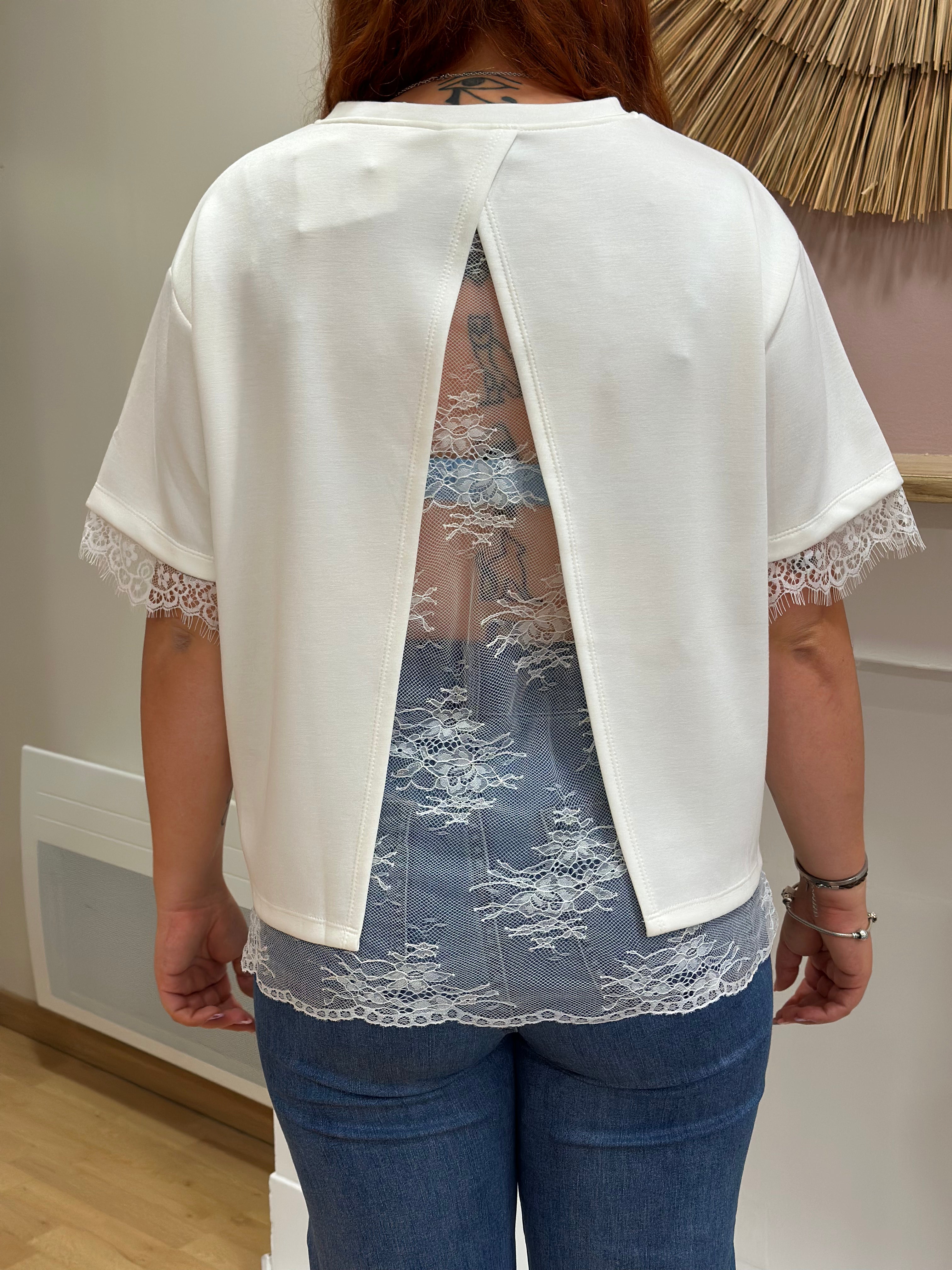 Tee-shirt blanc femme à col rond avec dos ouvert et détails en dentelle – Essentiel Made in Italy – Miss Caprice