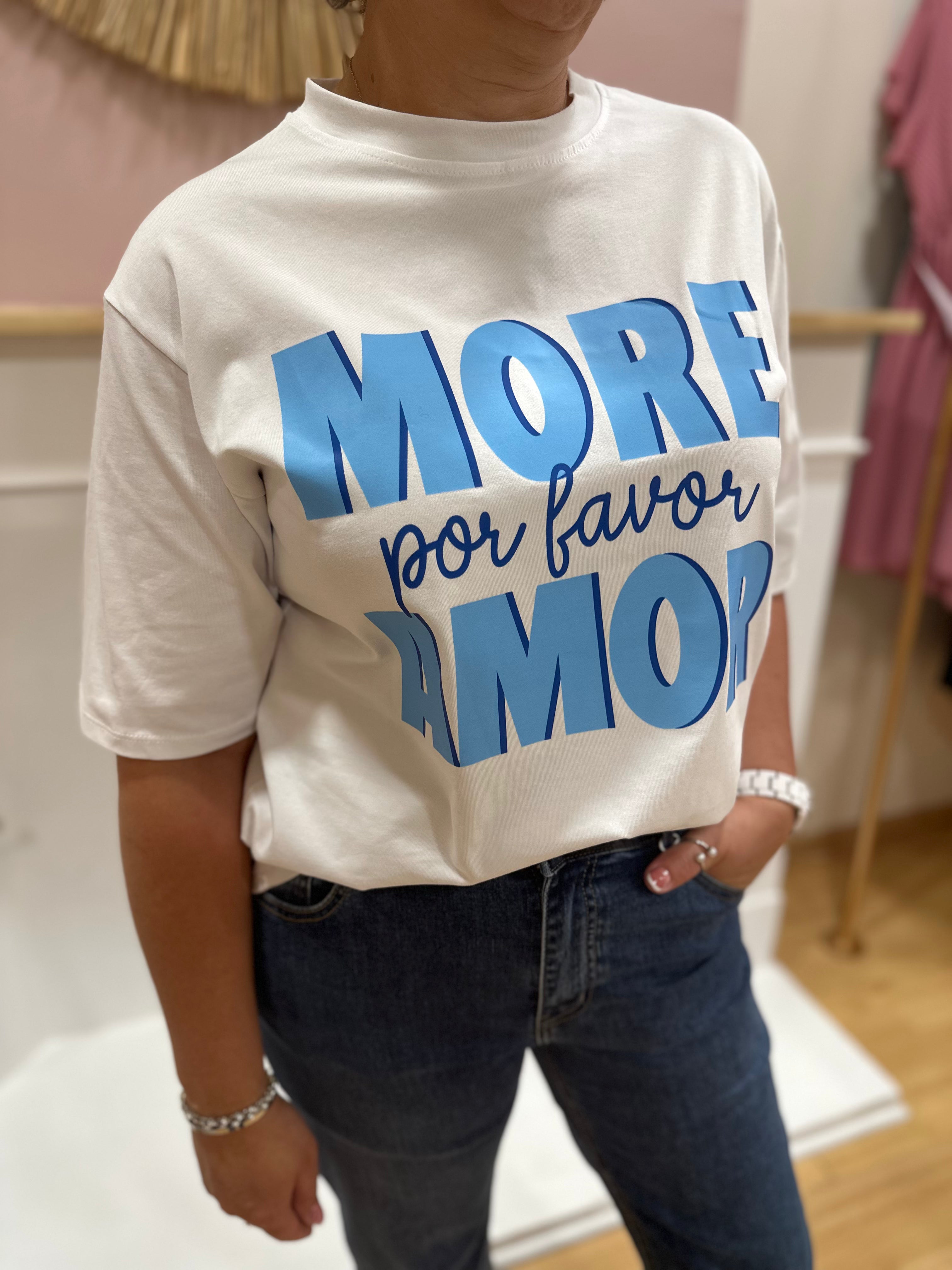 Tee-shirt blanc femme – Inscription More Amore Por Favor bleu – Coupe droite – Enoioy – Miss Caprice