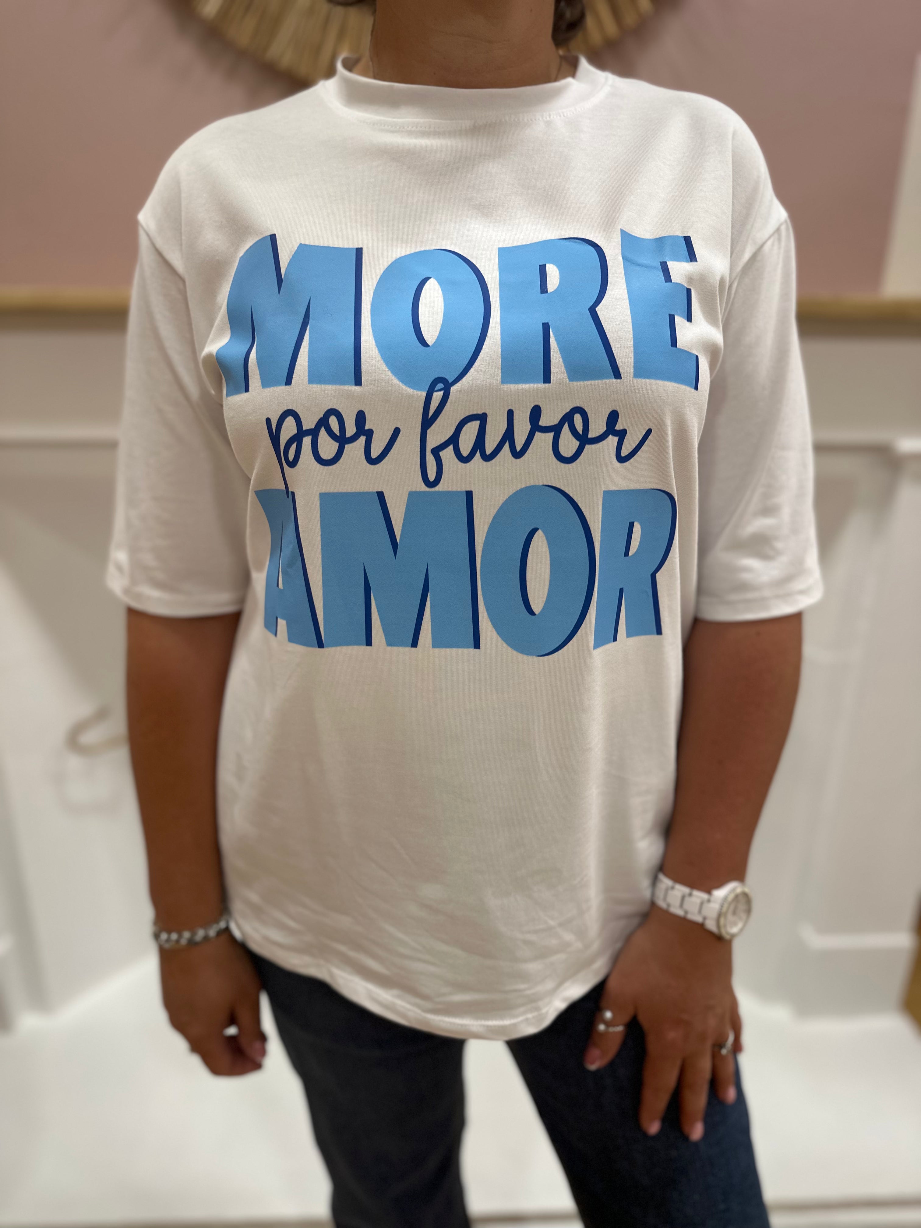 Tee-shirt blanc femme – Inscription More Amore Por Favor bleu – Coupe droite – Enoioy – Miss Caprice