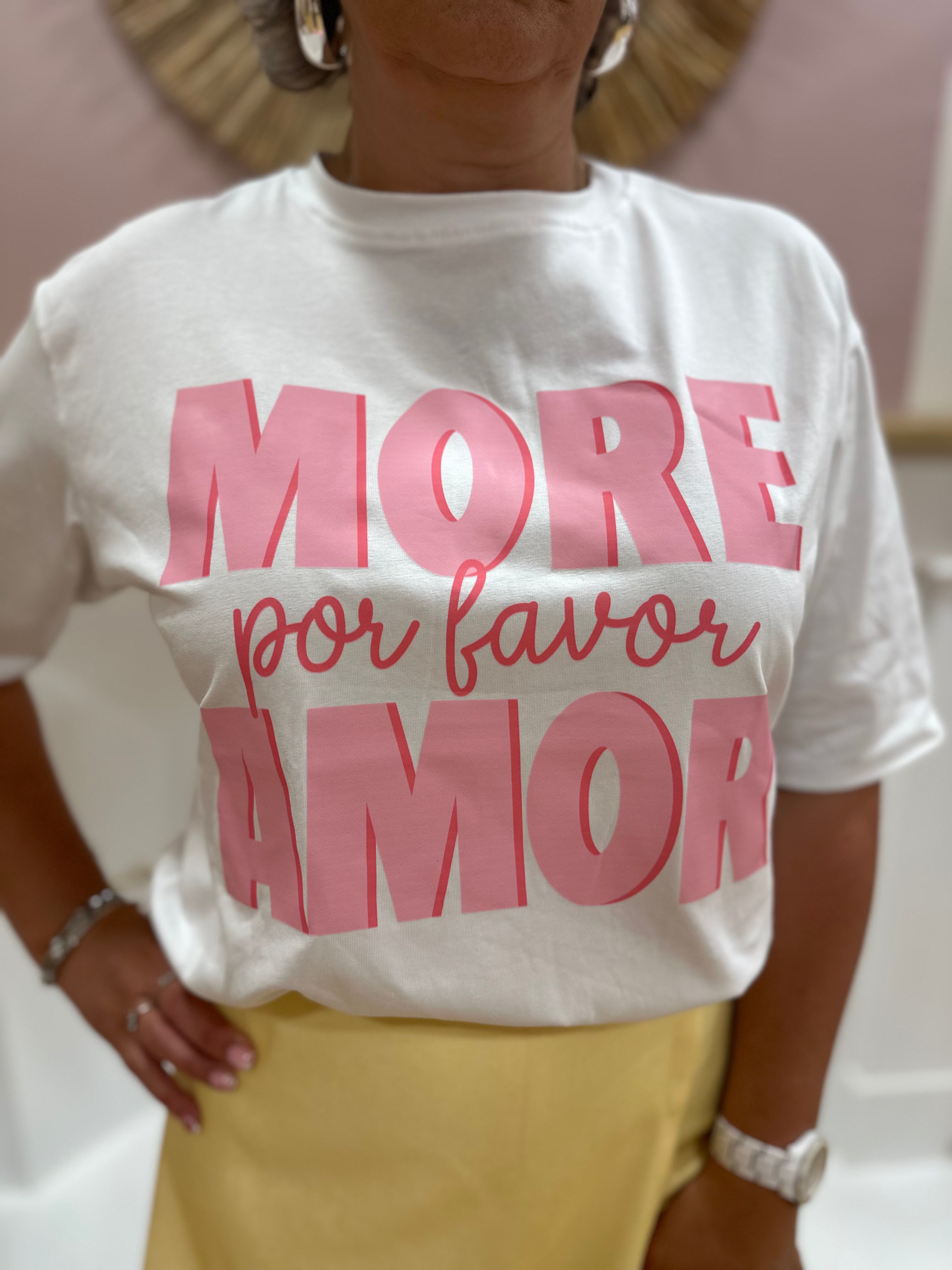 Tee-shirt blanc femme – Inscription More Amore Por Favor rose – Coupe droite – Enoioy – Miss Caprice