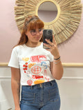 Tee-shirt blanc femme à motif sardine, homard, tomate et fruits de mer colorés – Rosydays – Miss Caprice