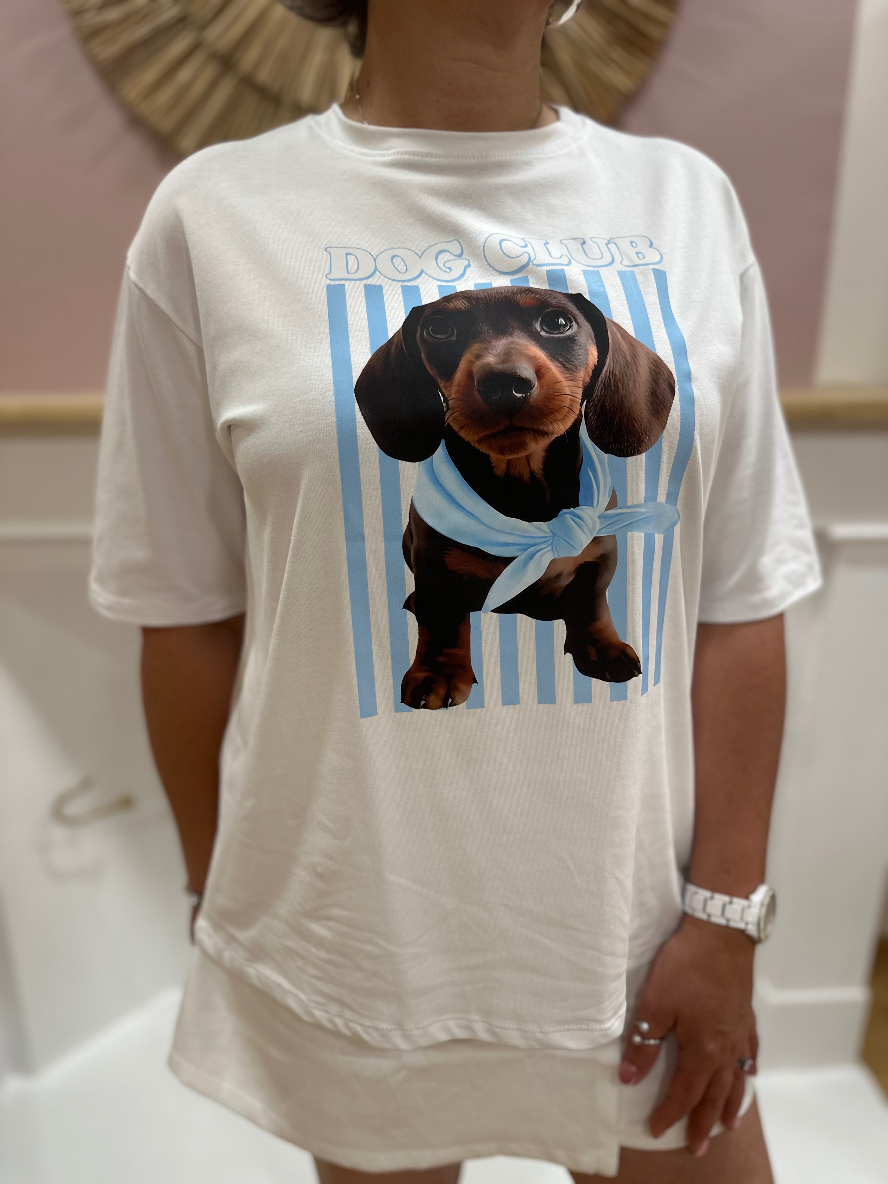 Tee-shirt blanc femme – Motif teckel Dog Club – Bleu ciel – Coupe droite – Enoioy – Miss Caprice
