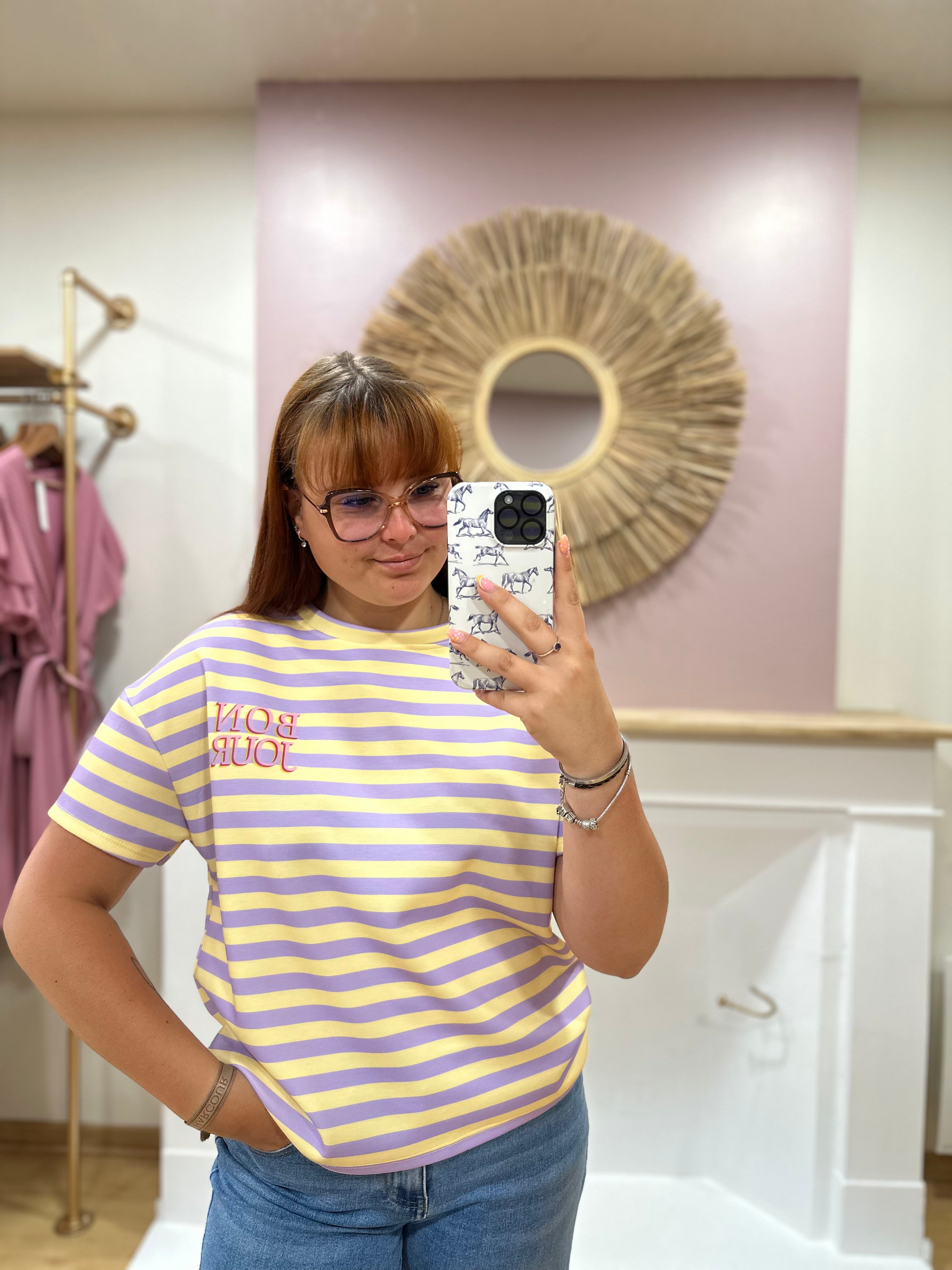 Tee-shirt marinière femme – Jaune et lilas – Inscription Bonjour – Coupe droite – Issyma – Miss Caprice