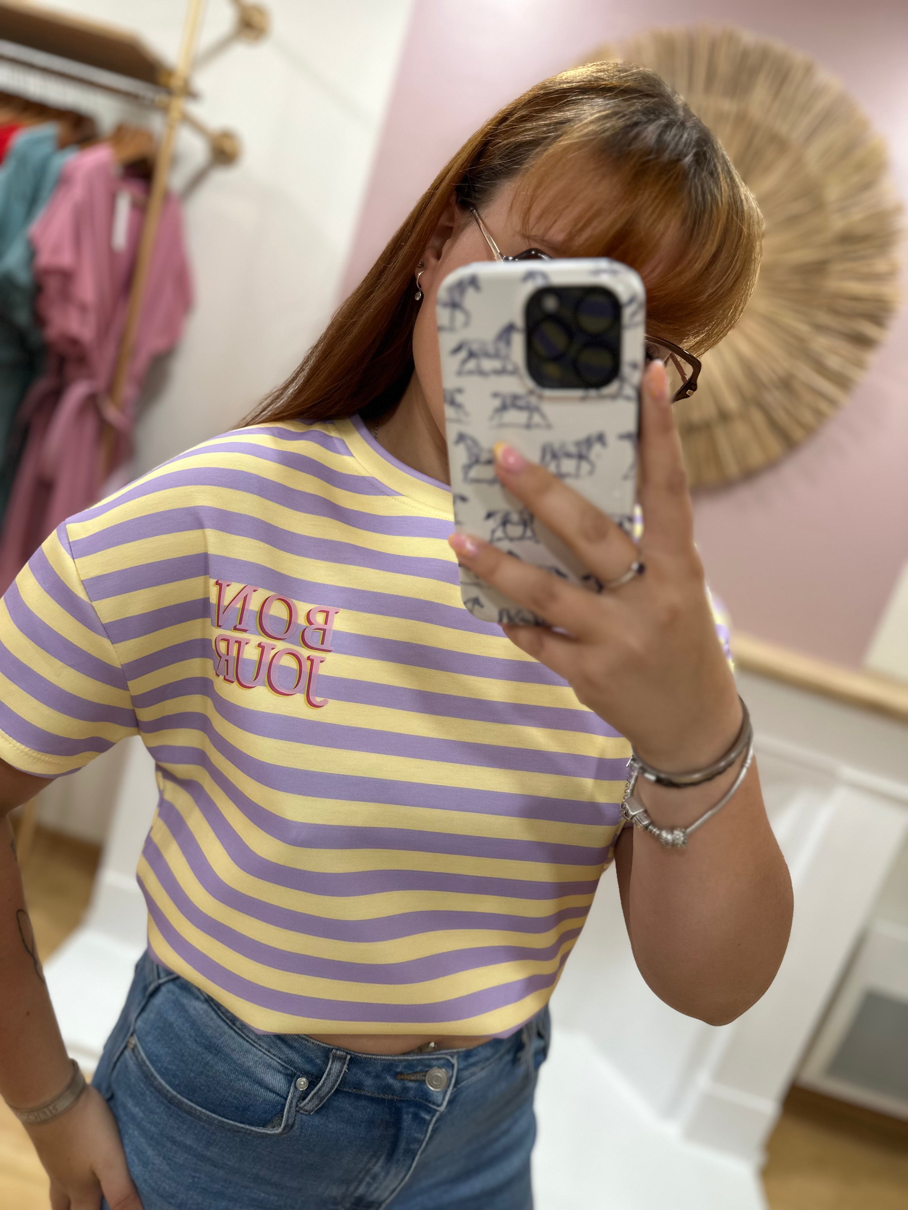 Tee-shirt marinière femme – Jaune et lilas – Inscription Bonjour – Coupe droite – Issyma – Miss Caprice