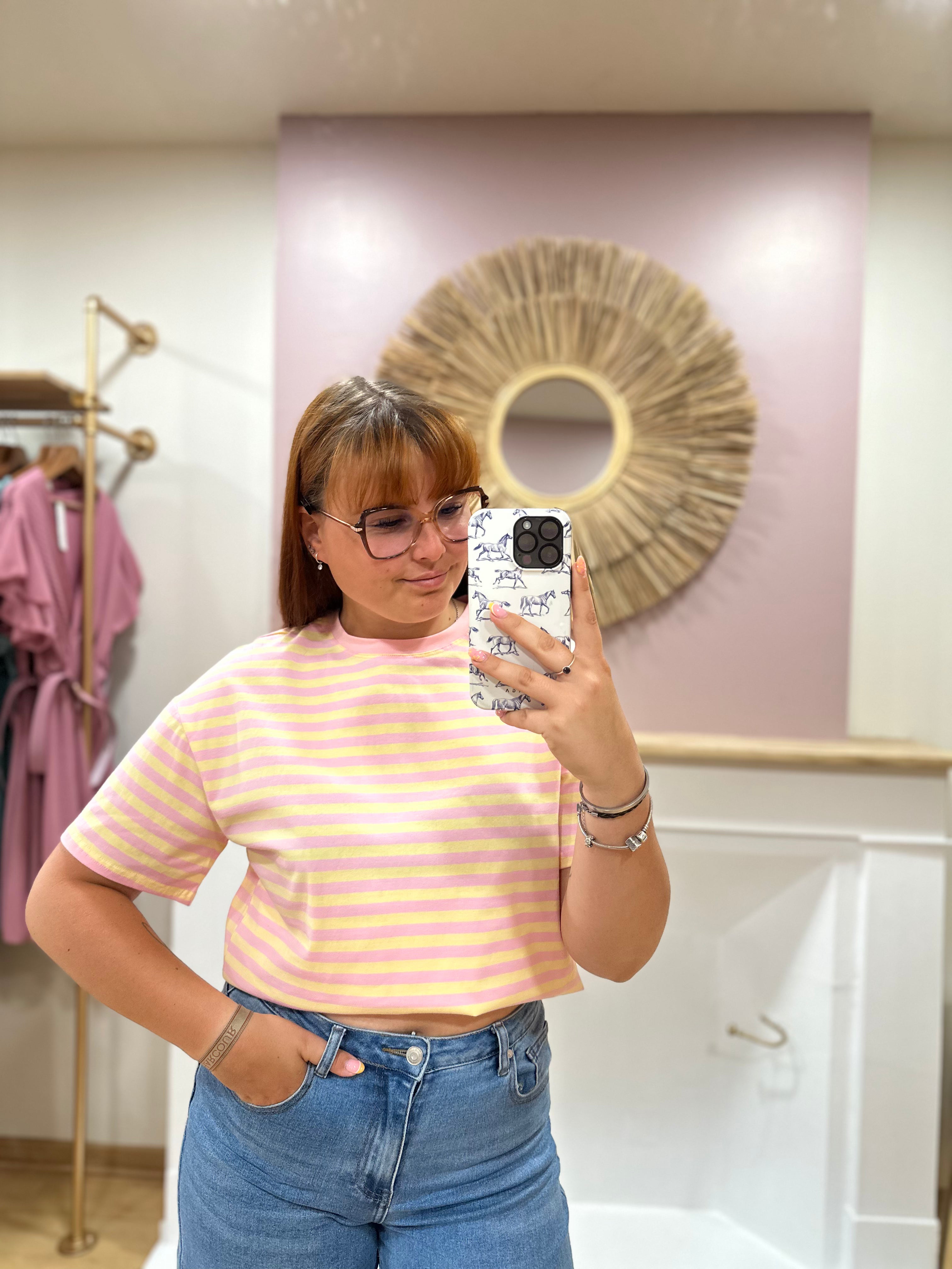 Tee-shirt marinière femme – Jaune et rose – Col rond – Coupe droite – Emma & Ashley – Miss Caprice