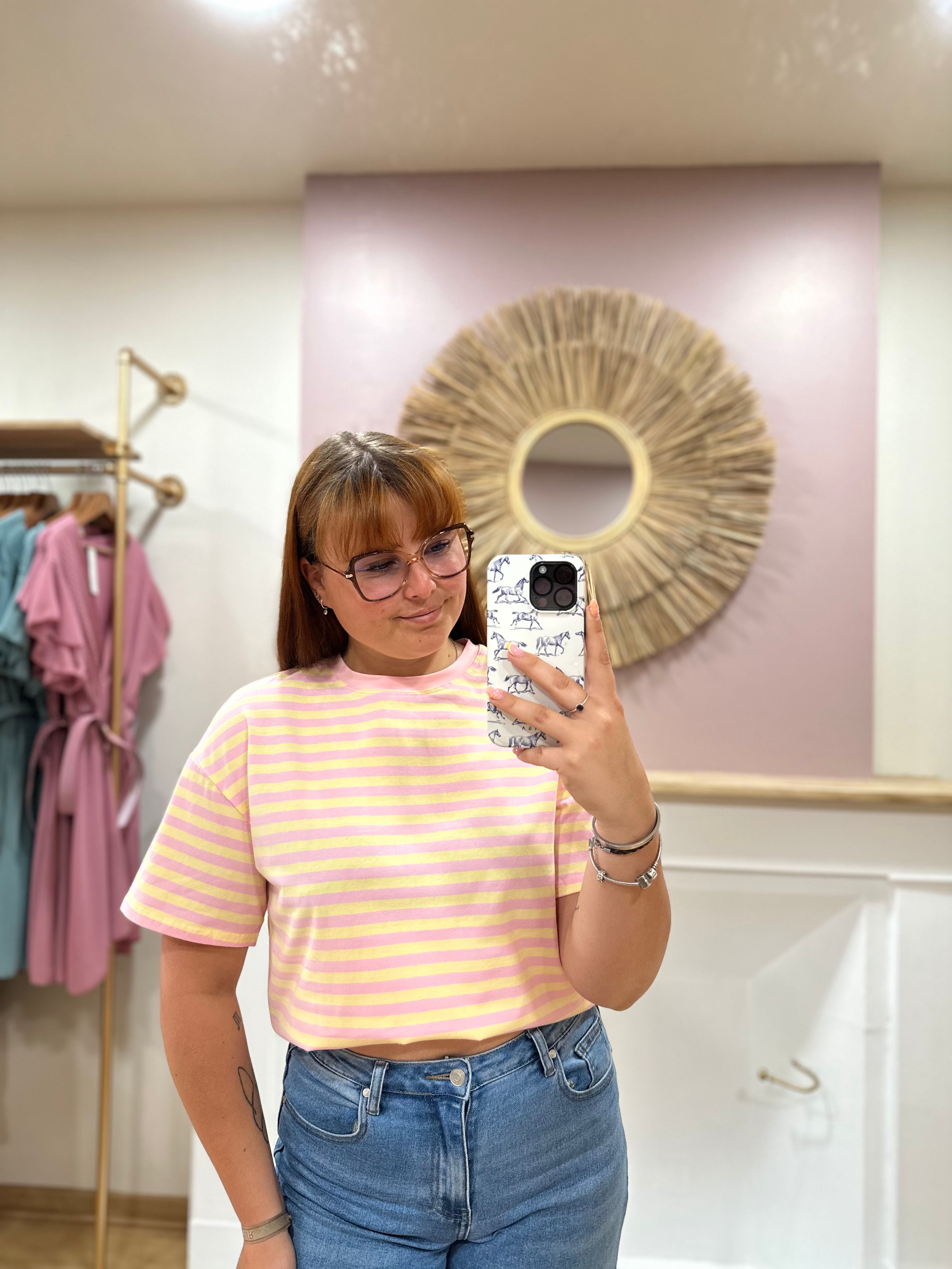 Tee-shirt marinière femme – Jaune et rose – Col rond – Coupe droite – Emma & Ashley – Miss Caprice