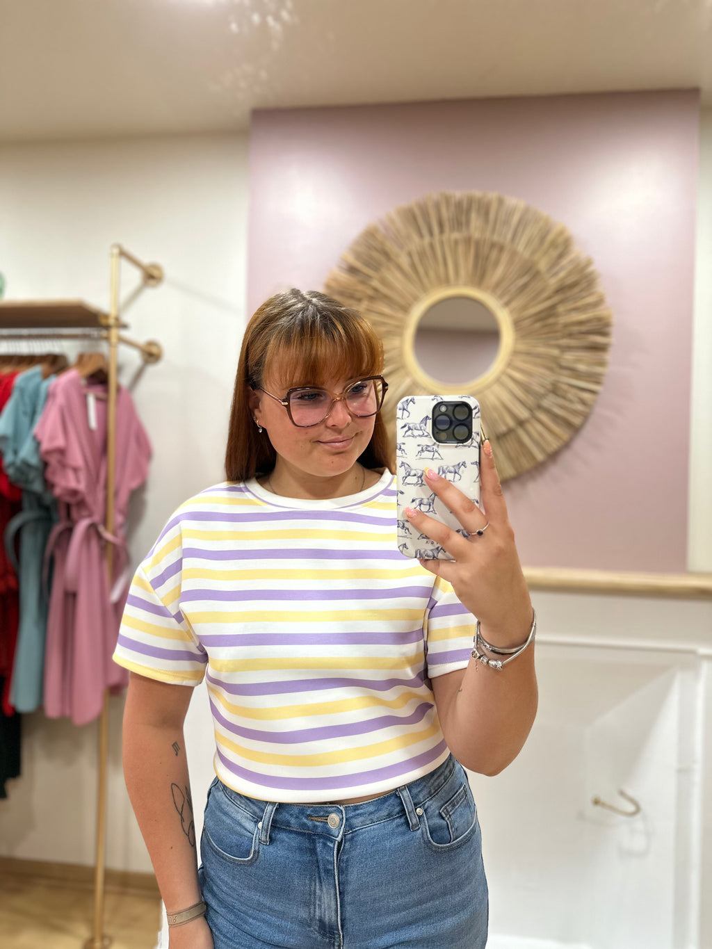 Tee-shirt marinière femme – Blanc lilas jaune – Col rond – Coupe droite – Issyma – Miss Caprice