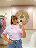 Tee-shirt marinière femme – Rose et bleu – Inscription Bonjour – Coupe droite – Issyma – Miss Caprice