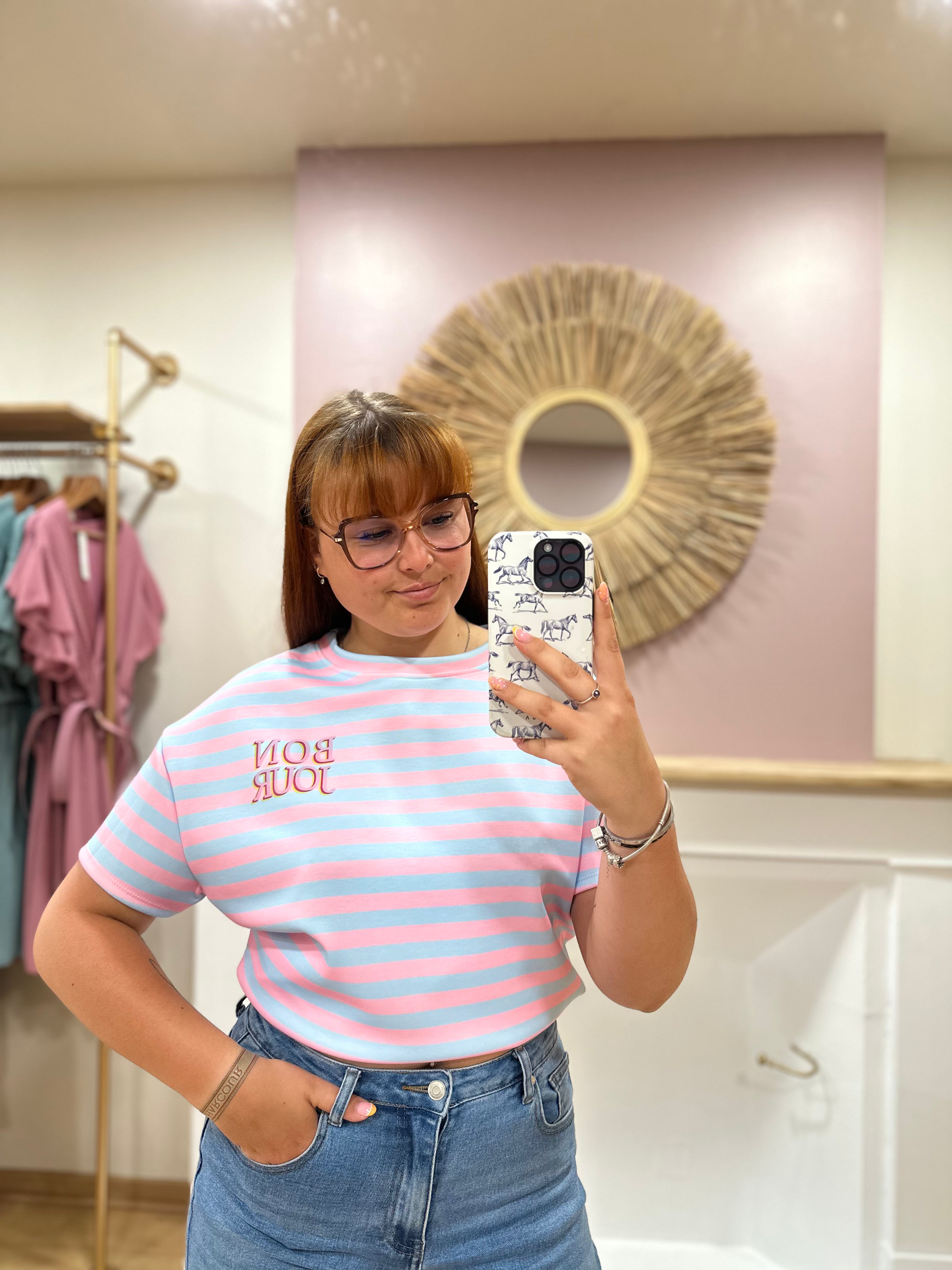 Tee-shirt marinière femme – Rose et bleu – Inscription Bonjour – Coupe droite – Issyma – Miss Caprice
