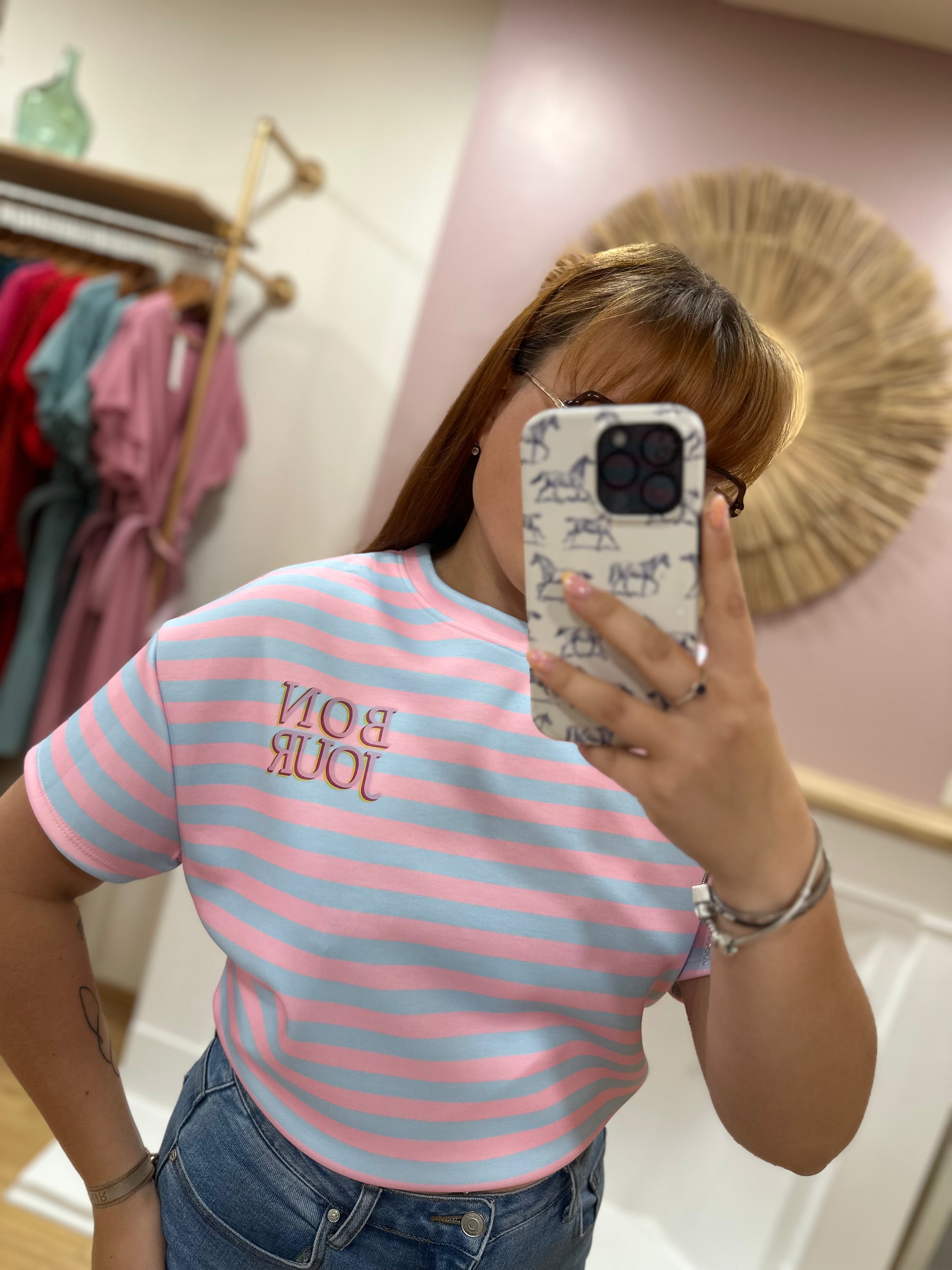 Tee-shirt marinière femme – Rose et bleu – Inscription Bonjour – Coupe droite – Issyma – Miss Caprice