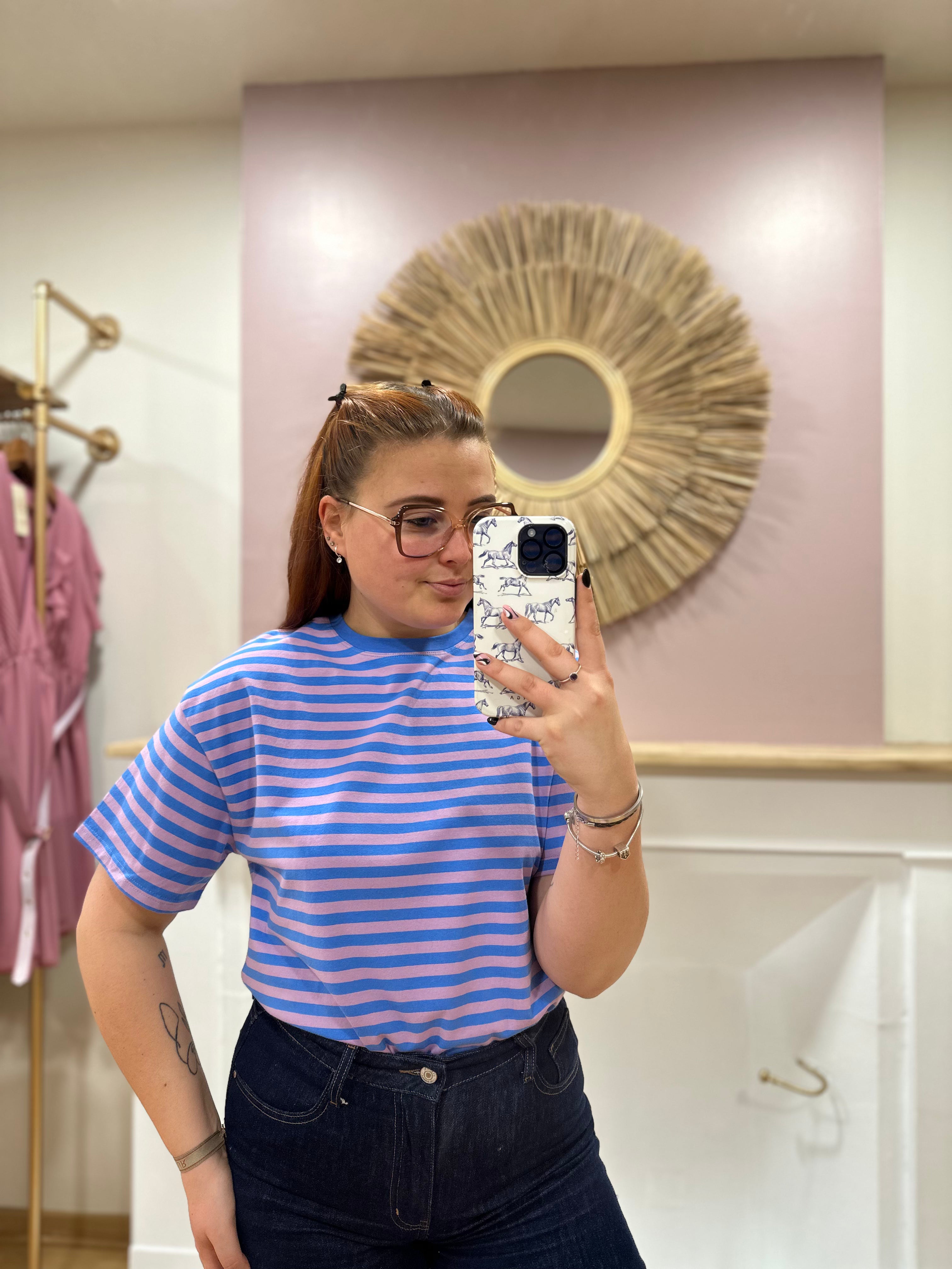 Tee-shirt marinière rose et bleu femme – Col rond liseré bleu – Rayures – Coupe classique – Emma & Ashley – Miss Caprice