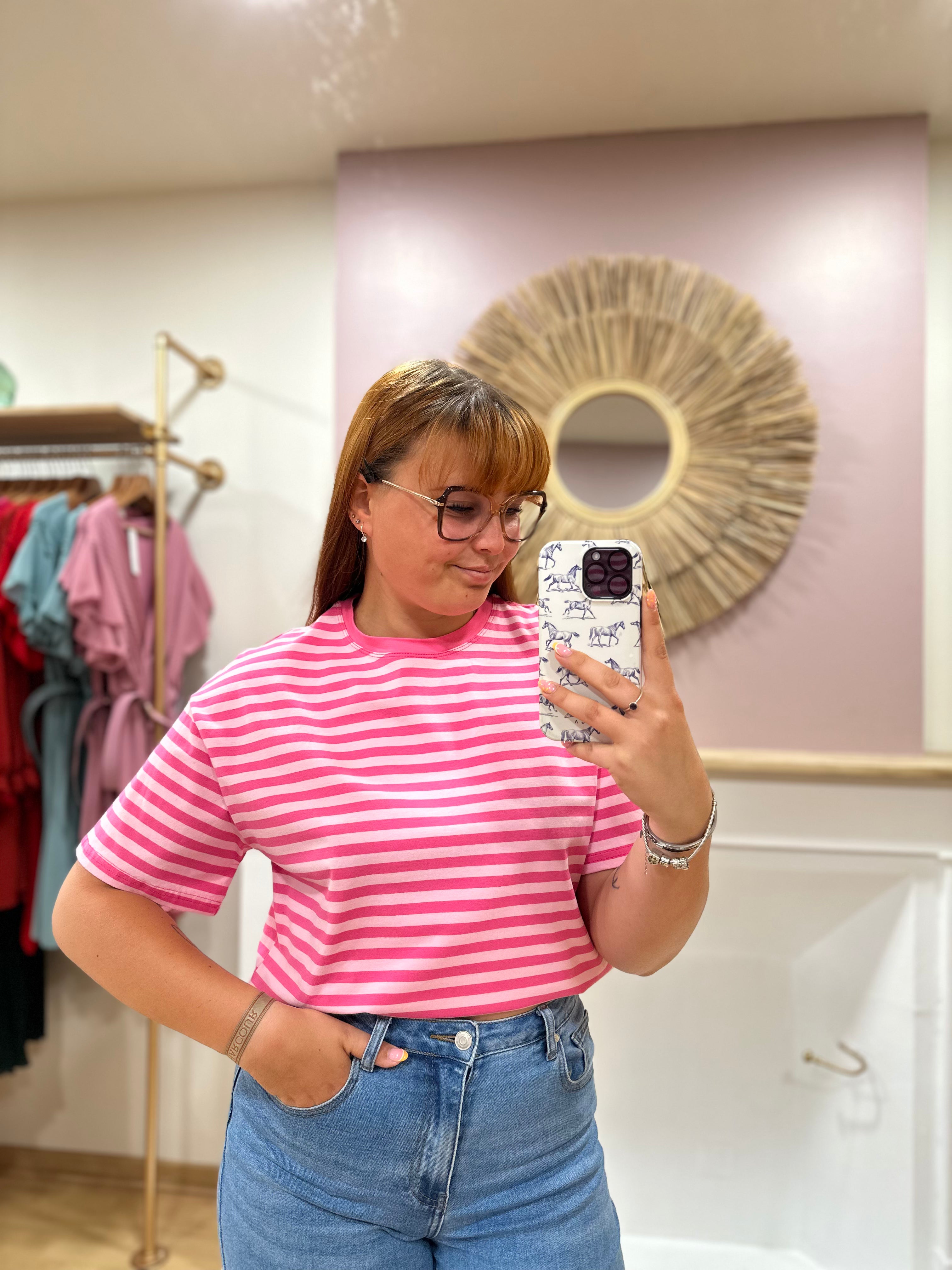 Tee-shirt marinière femme – Rose clair et rose foncé – Col rond – Coupe droite – Emma & Ashley – Miss Caprice