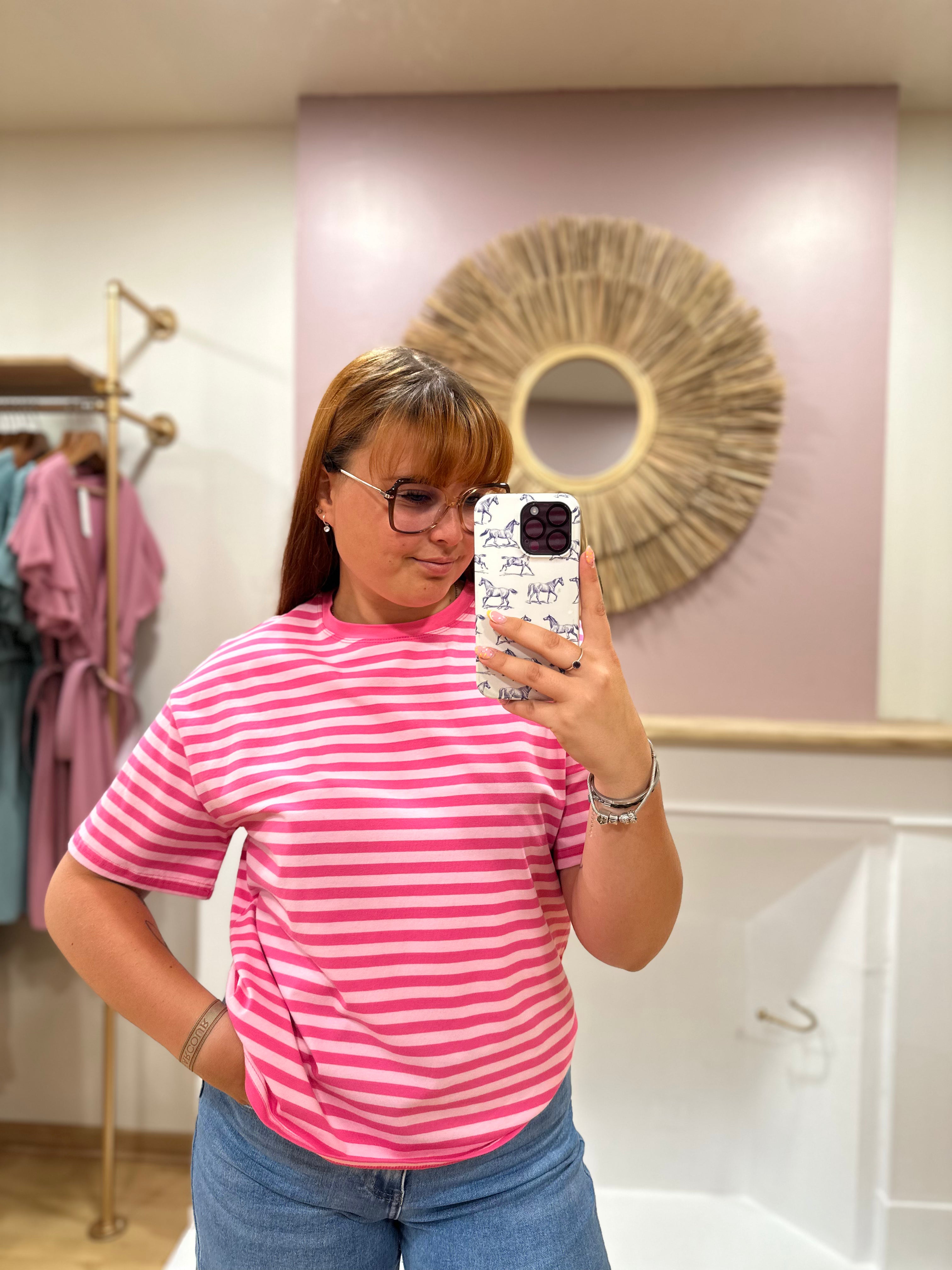 Tee-shirt marinière femme – Rose clair et rose foncé – Col rond – Coupe droite – Emma & Ashley – Miss Caprice