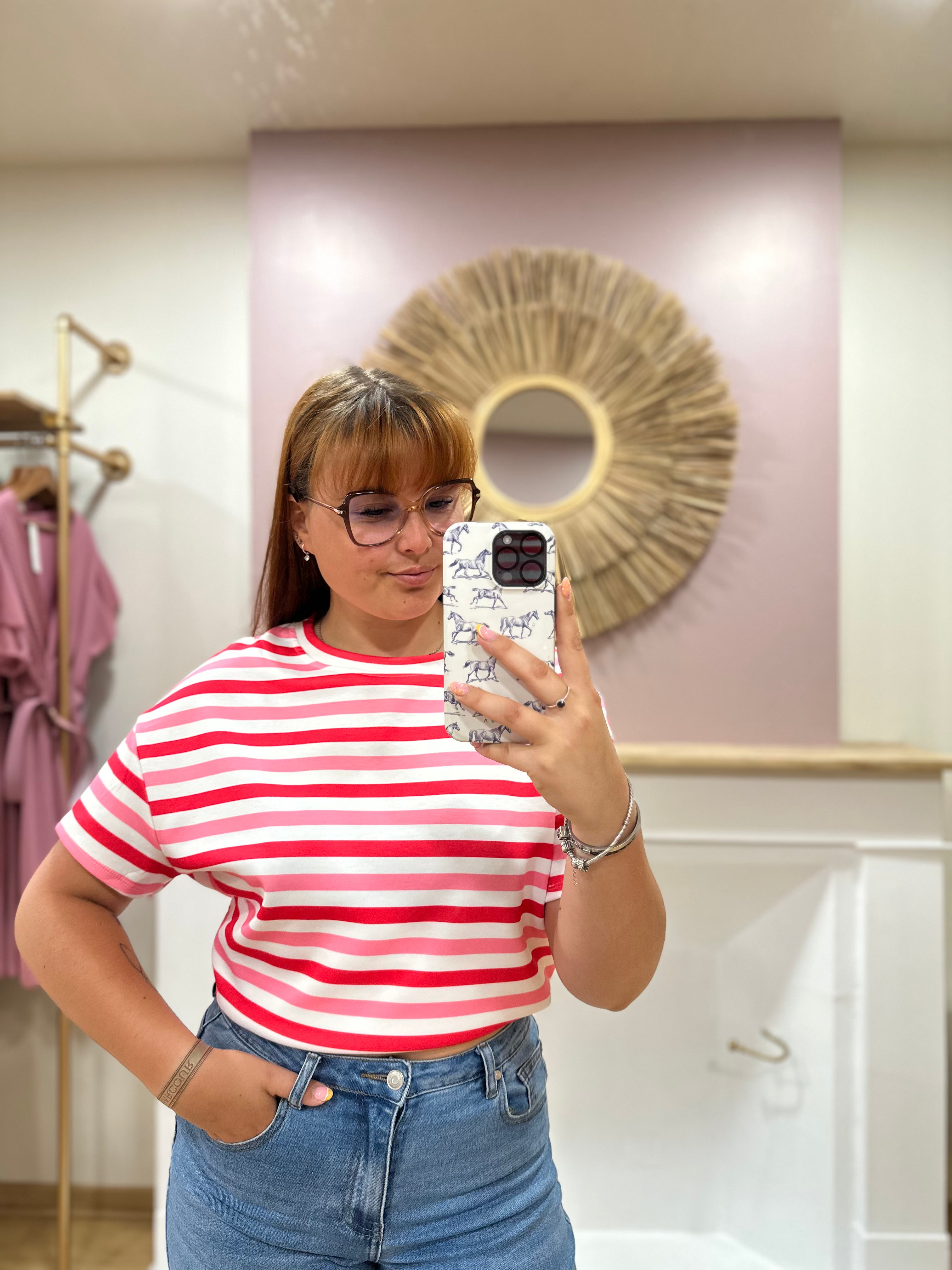 Tee-shirt marinière femme – Blanc rose rose fuchsia – Col rond – Coupe droite – Issyma – Miss Caprice