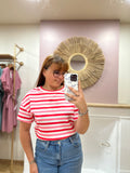 Tee-shirt marinière femme – Blanc rose rose fuchsia – Col rond – Coupe droite – Issyma – Miss Caprice