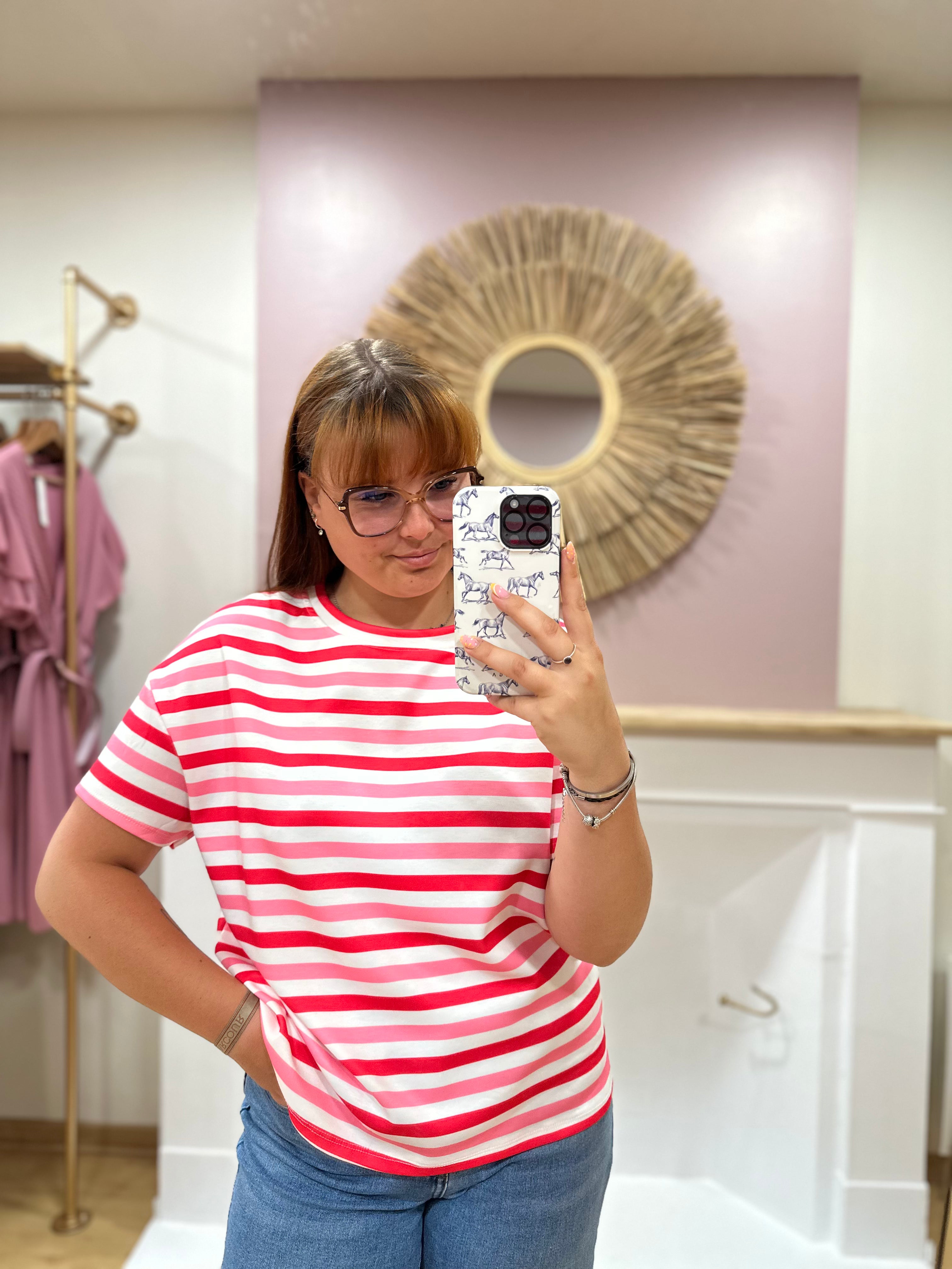 Tee-shirt marinière femme – Blanc rose rose fuchsia – Col rond – Coupe droite – Issyma – Miss Caprice