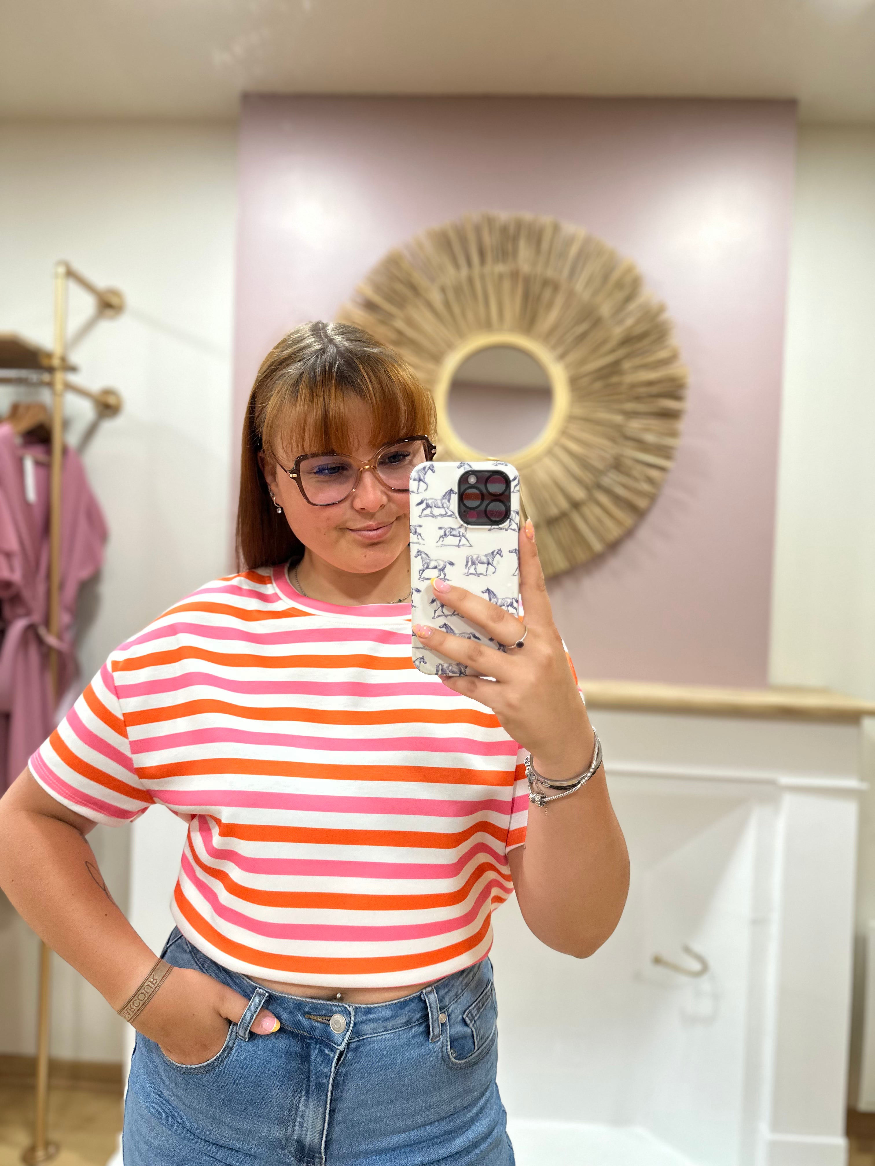 Tee-shirt marinière femme – Blanc rose orange – Col rond – Coupe droite – Issyma – Miss Caprice