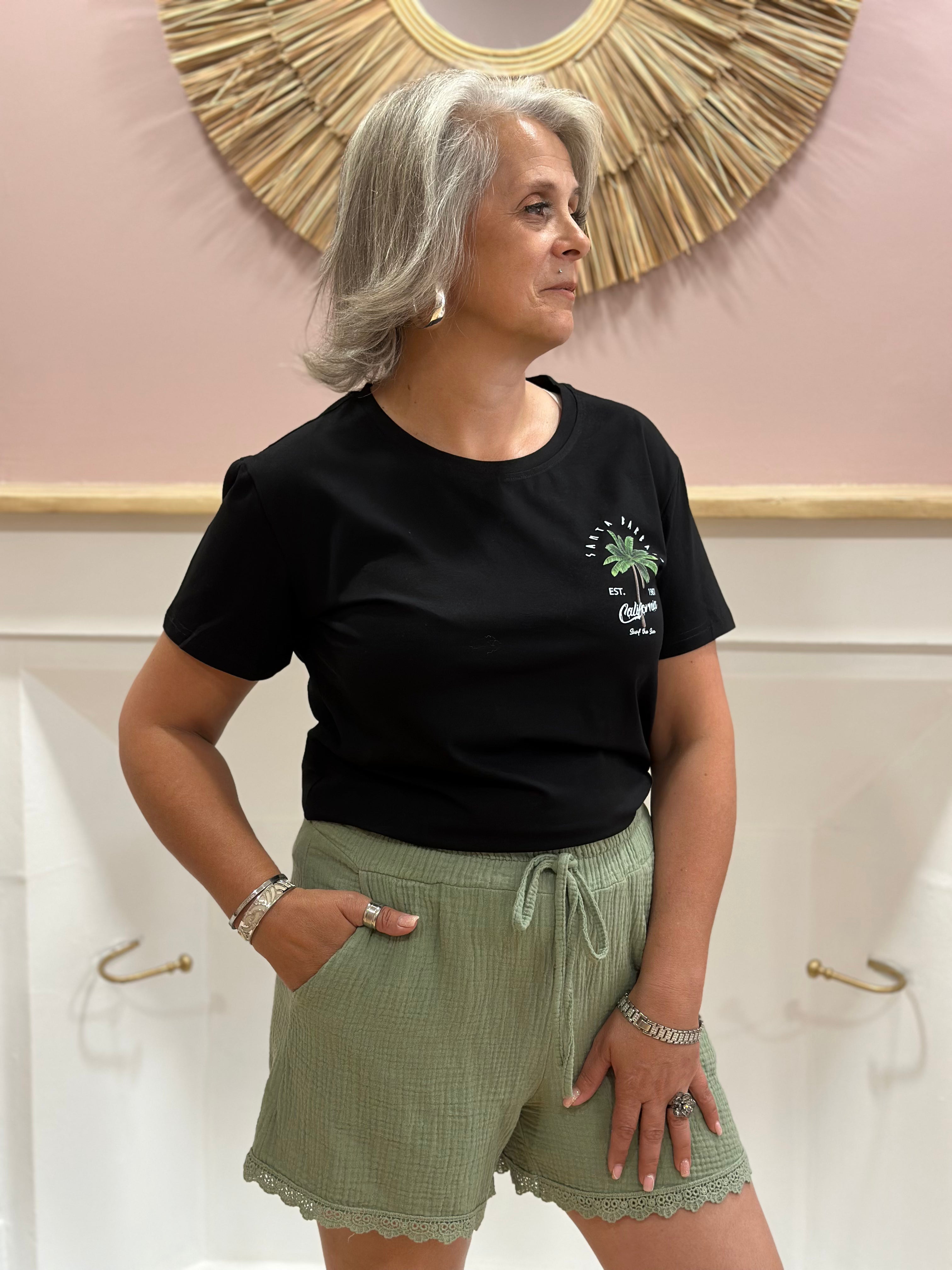 Tee-shirt noir femme motif palmier et inscription Santa Barbara devant et dos – Rosydays – Miss Caprice