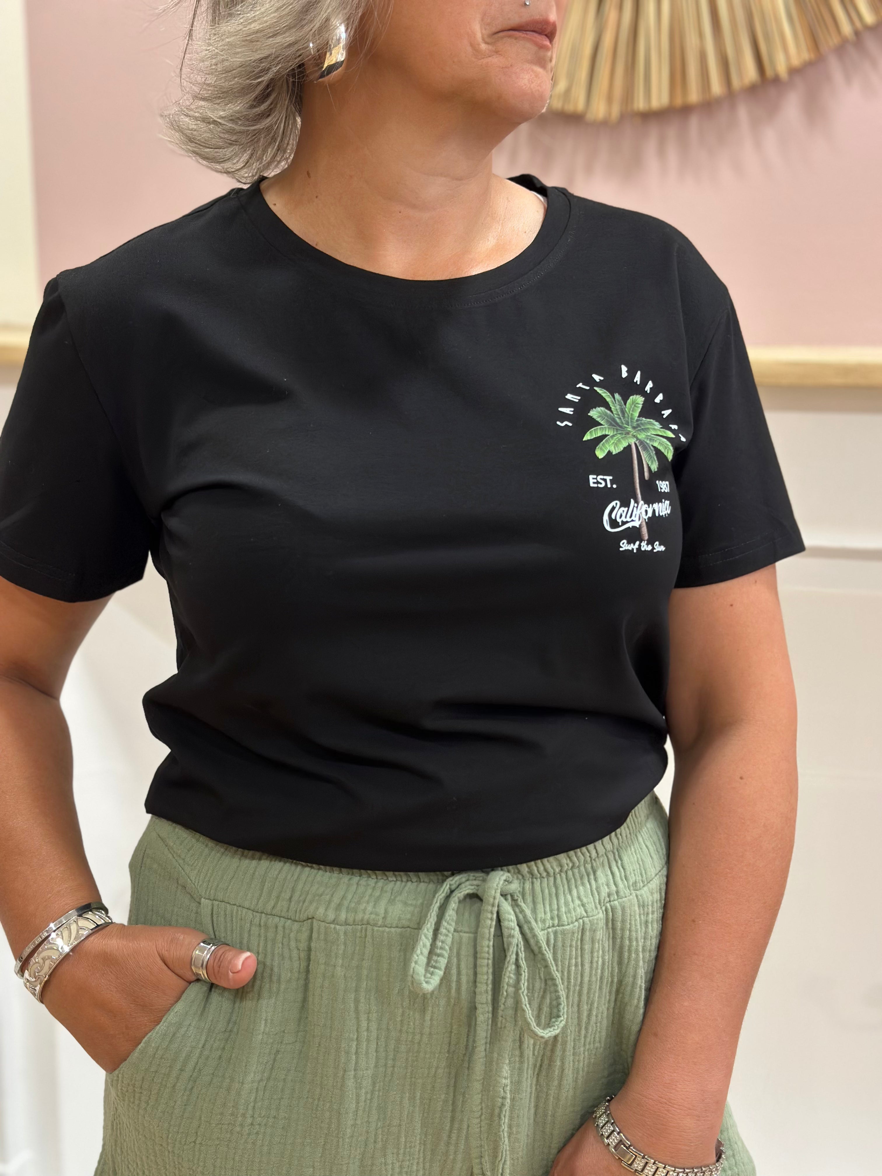 Tee-shirt noir femme motif palmier et inscription Santa Barbara devant et dos – Rosydays – Miss Caprice