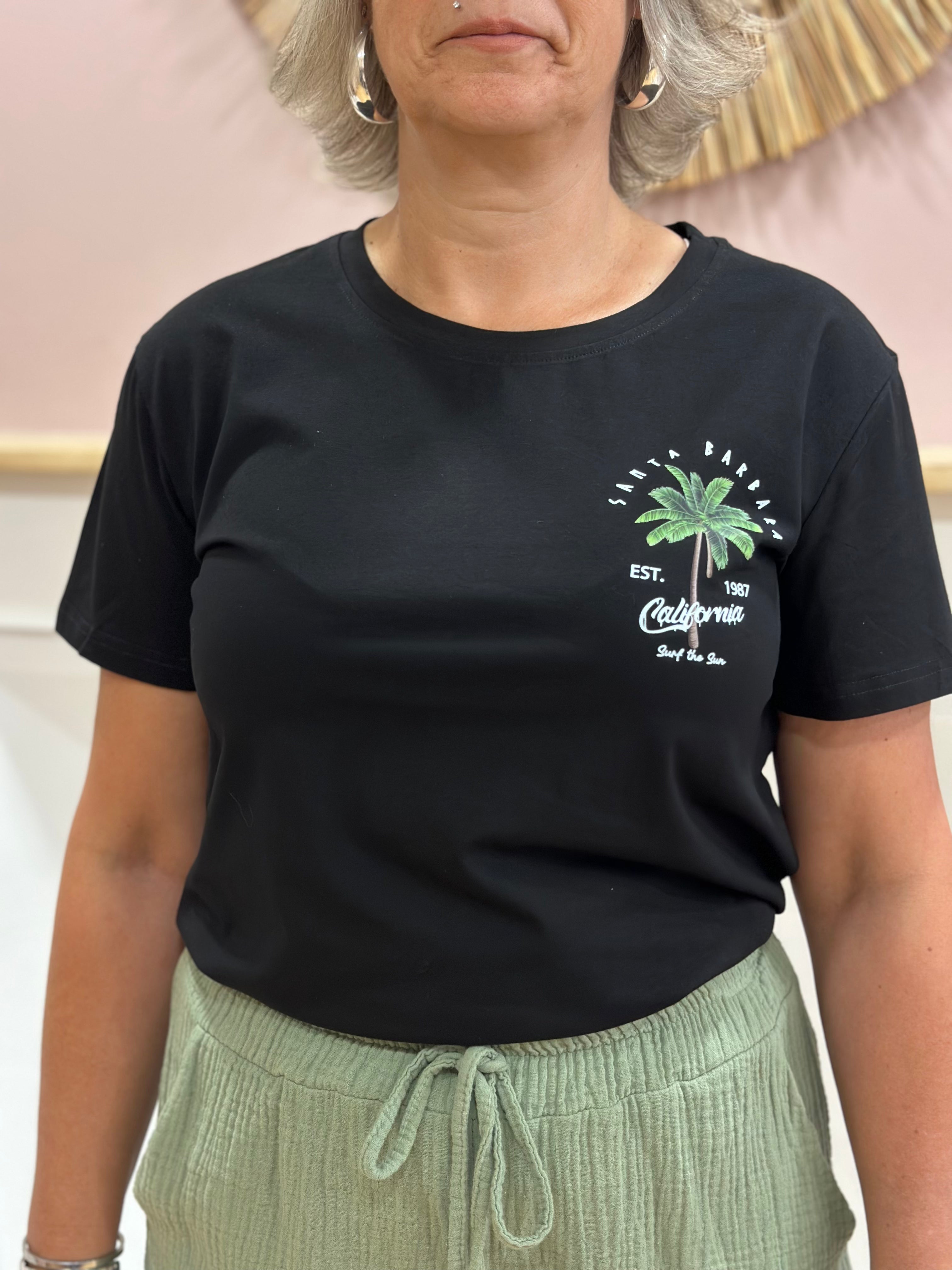 Tee-shirt noir femme motif palmier et inscription Santa Barbara devant et dos – Rosydays – Miss Caprice