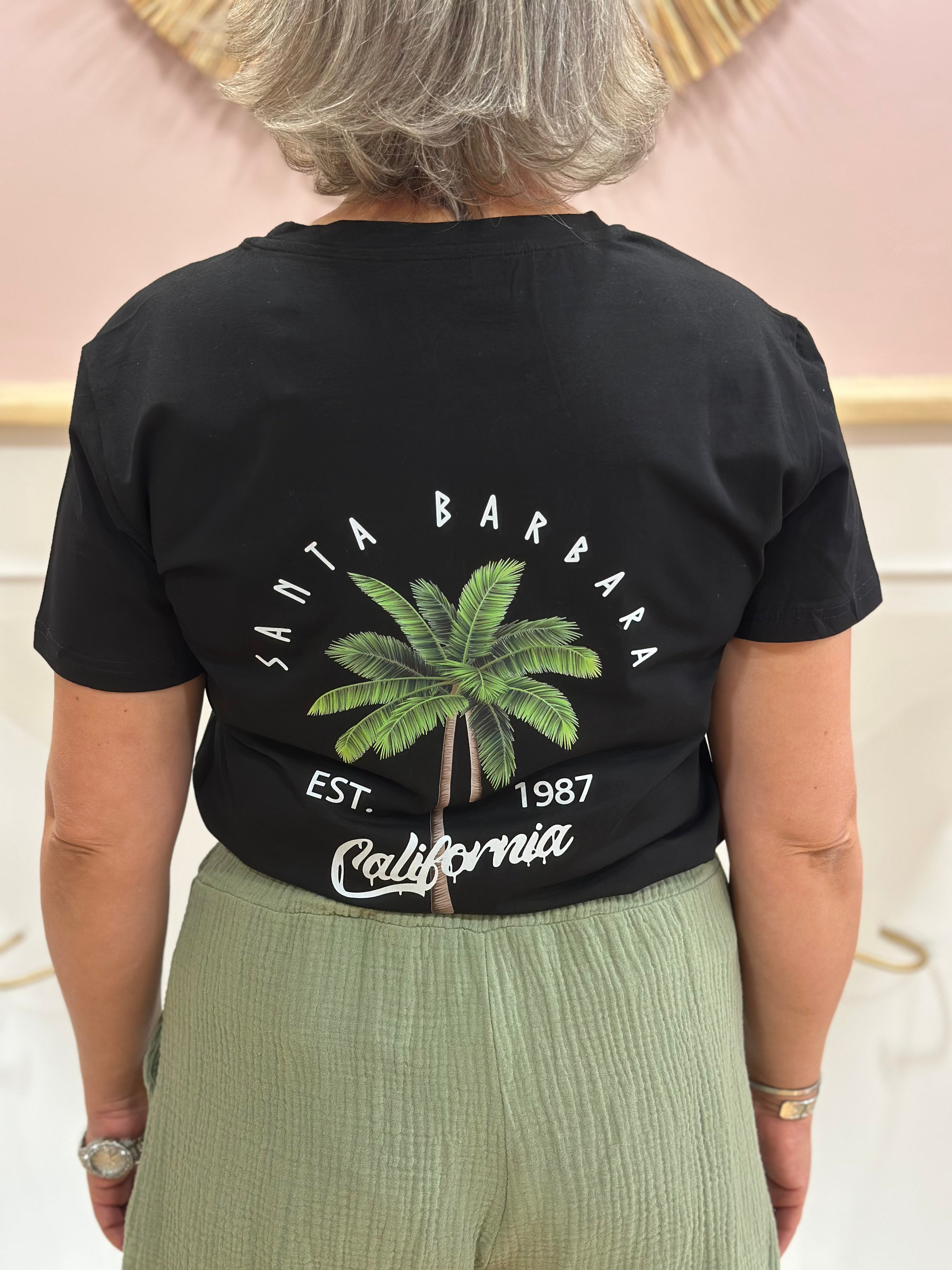 Tee-shirt noir femme motif palmier et inscription Santa Barbara devant et dos – Rosydays – Miss Caprice