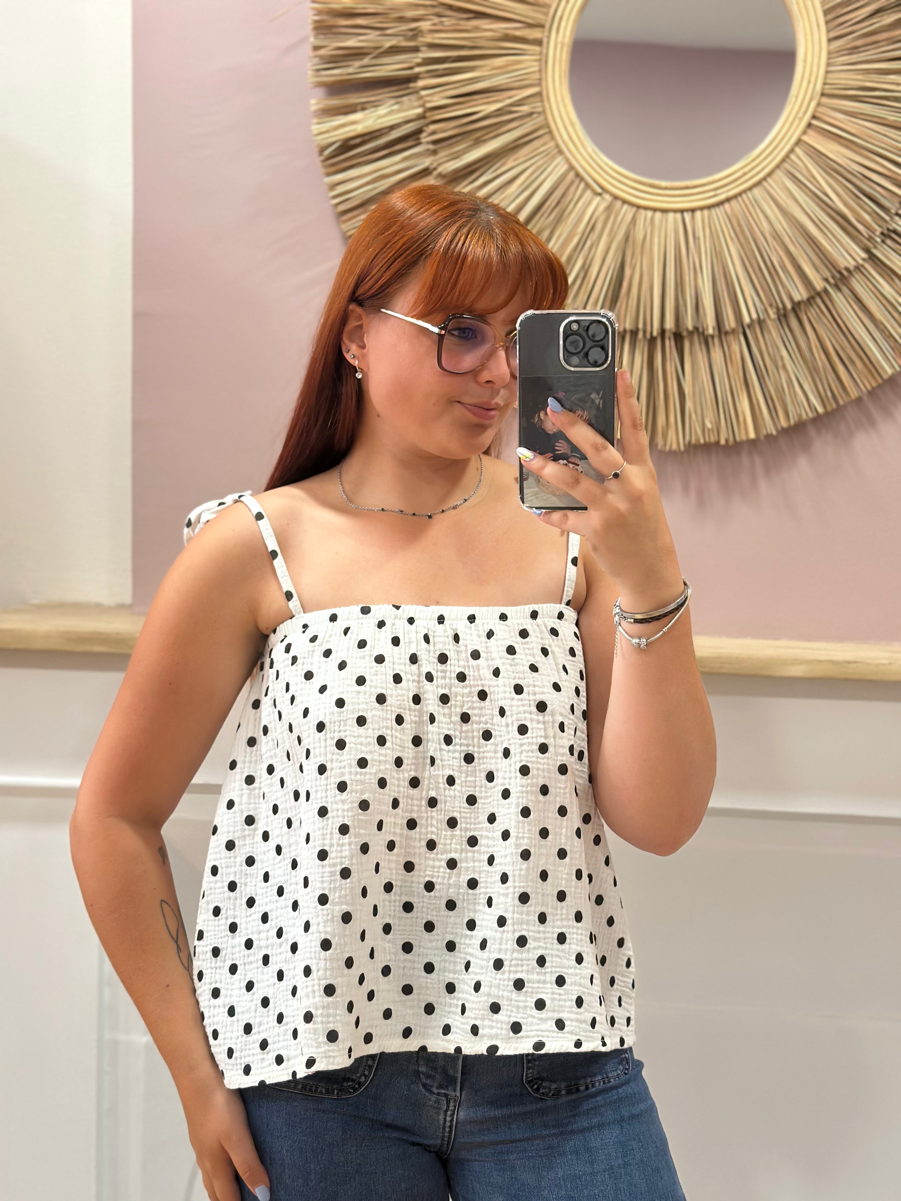 Top blanc femme à fines bretelles réglables motif Polka Dot noir – Issyma Made in Italy – Miss Caprice