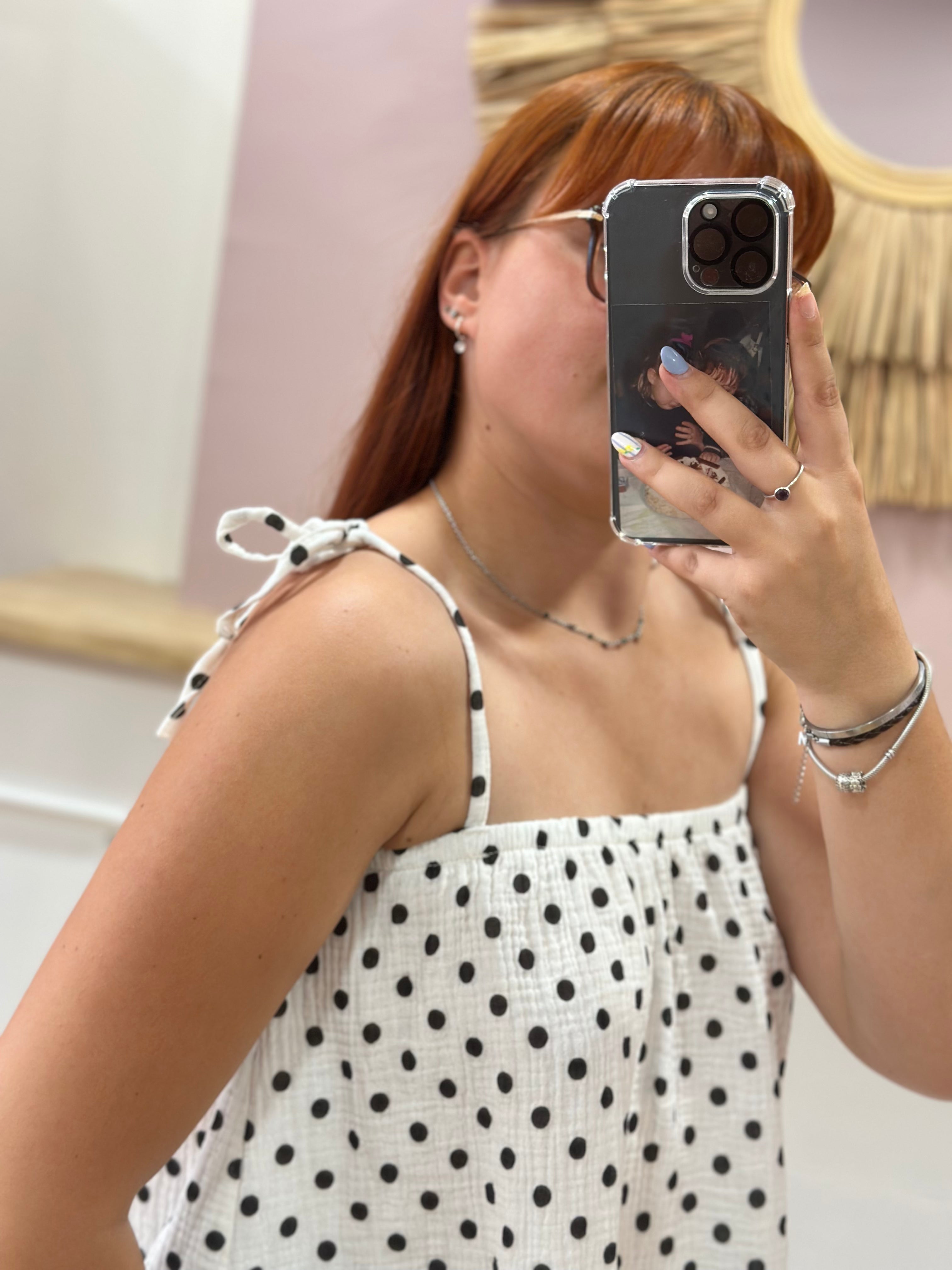 Top blanc femme à fines bretelles réglables motif Polka Dot noir – Issyma Made in Italy – Miss Caprice
