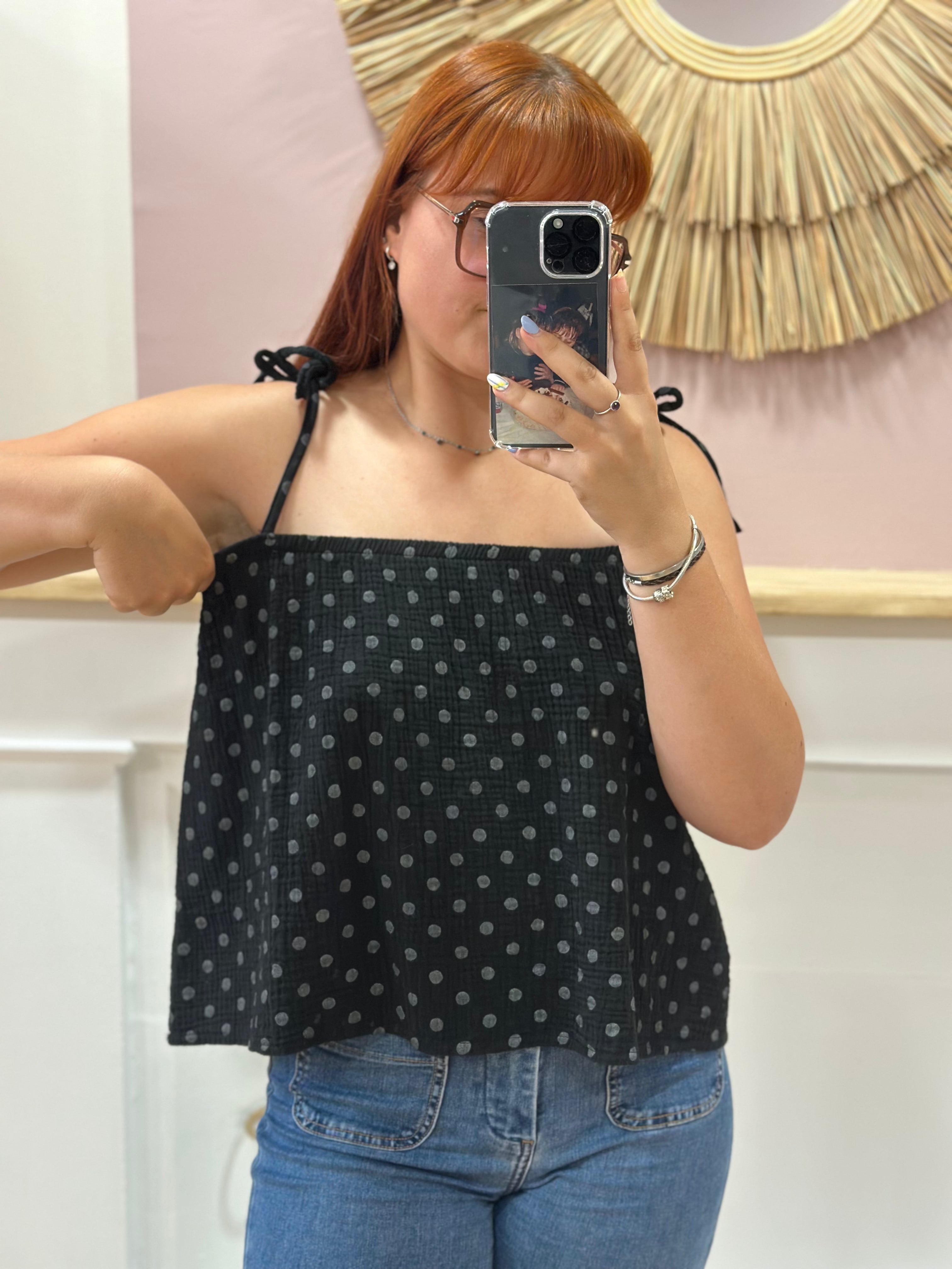 Top noir femme à fines bretelles réglables motif Polka Dot gris – Issyma Made in Italy – Miss Caprice