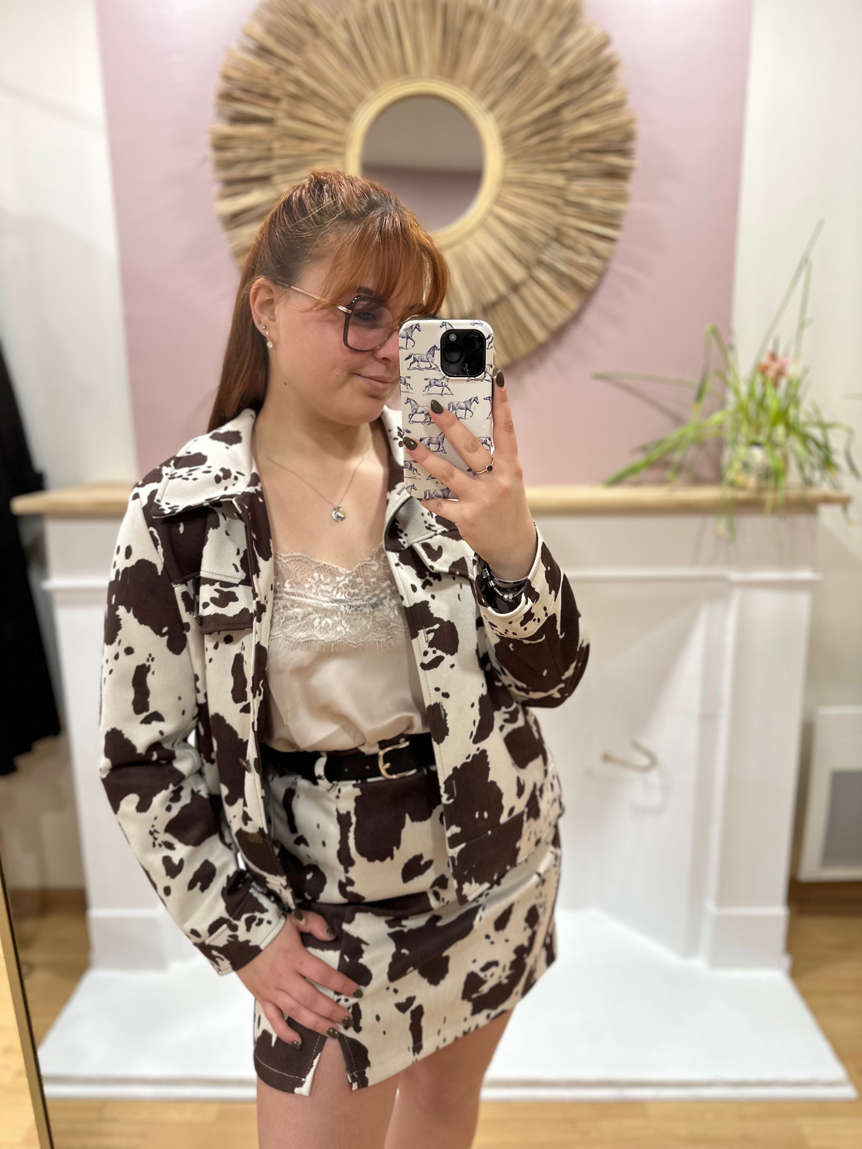 Veste courte femme motif vache marron et blanc – Doublée – Way Way – Miss Caprice