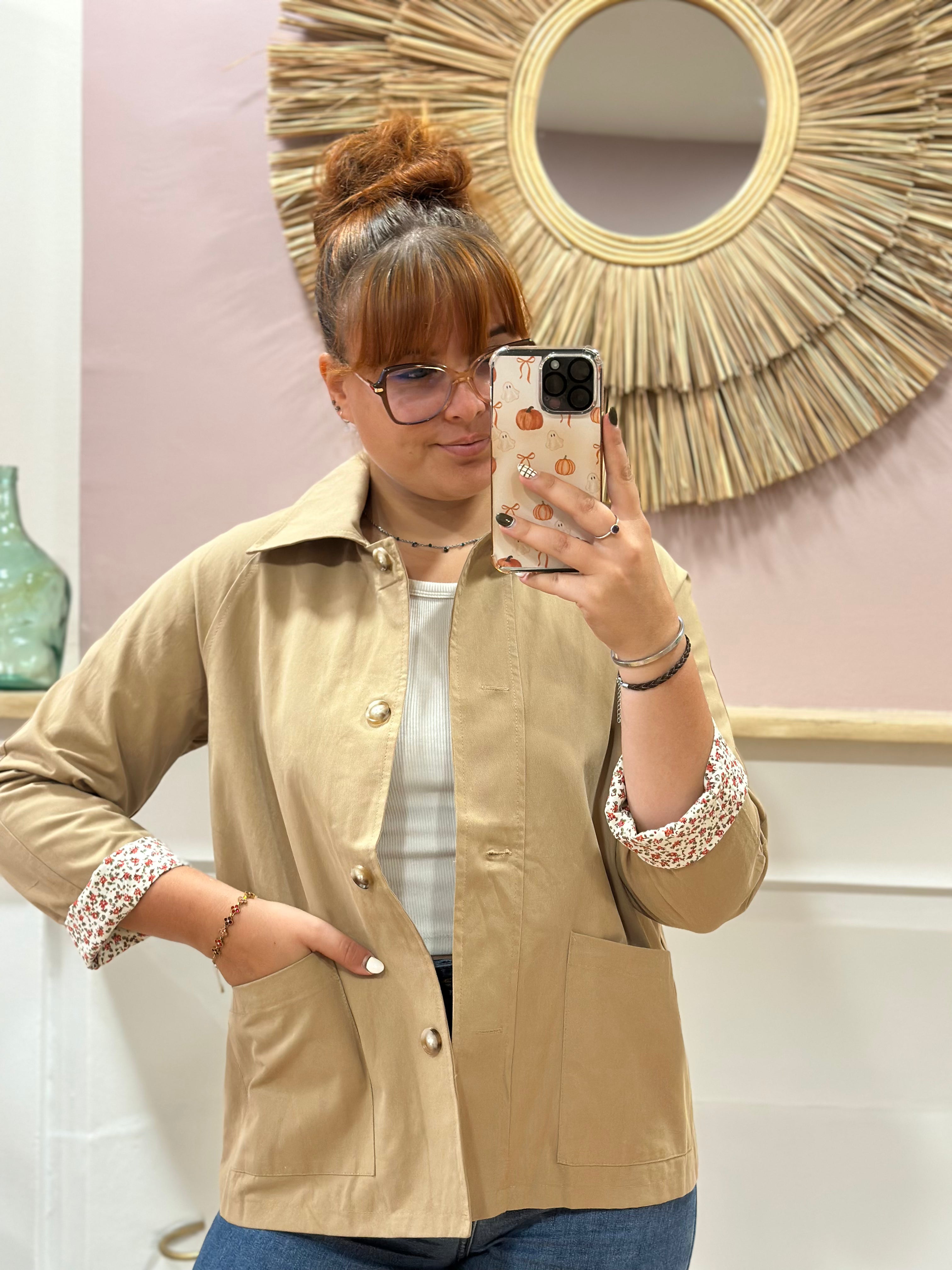 Veste mi-saison beige foncé femme avec doublure fleurie rose et boutons effet écaille – In April 1986 – Miss Caprice