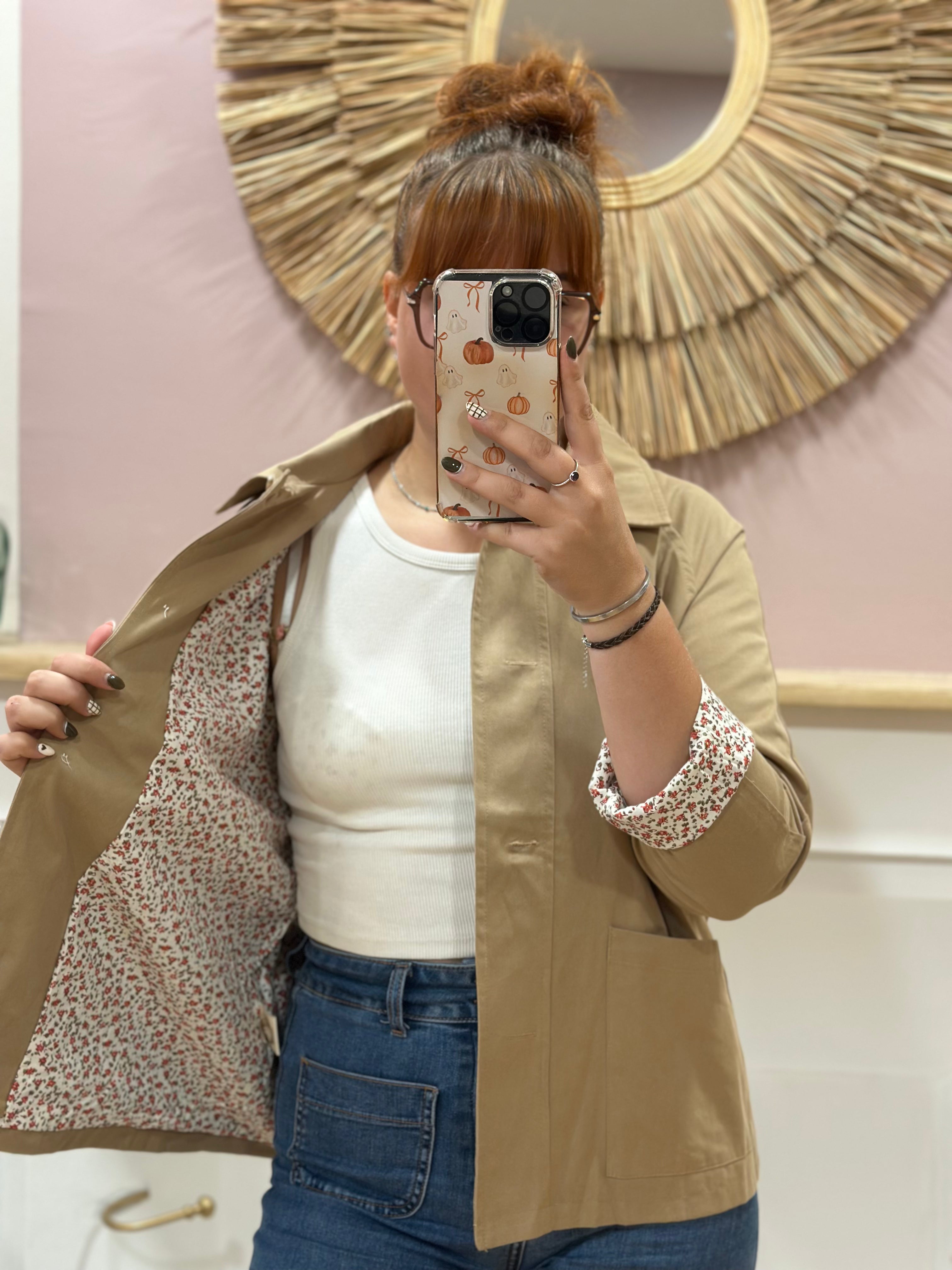 Veste mi-saison beige foncé femme avec doublure fleurie rose et boutons effet écaille – In April 1986 – Miss Caprice