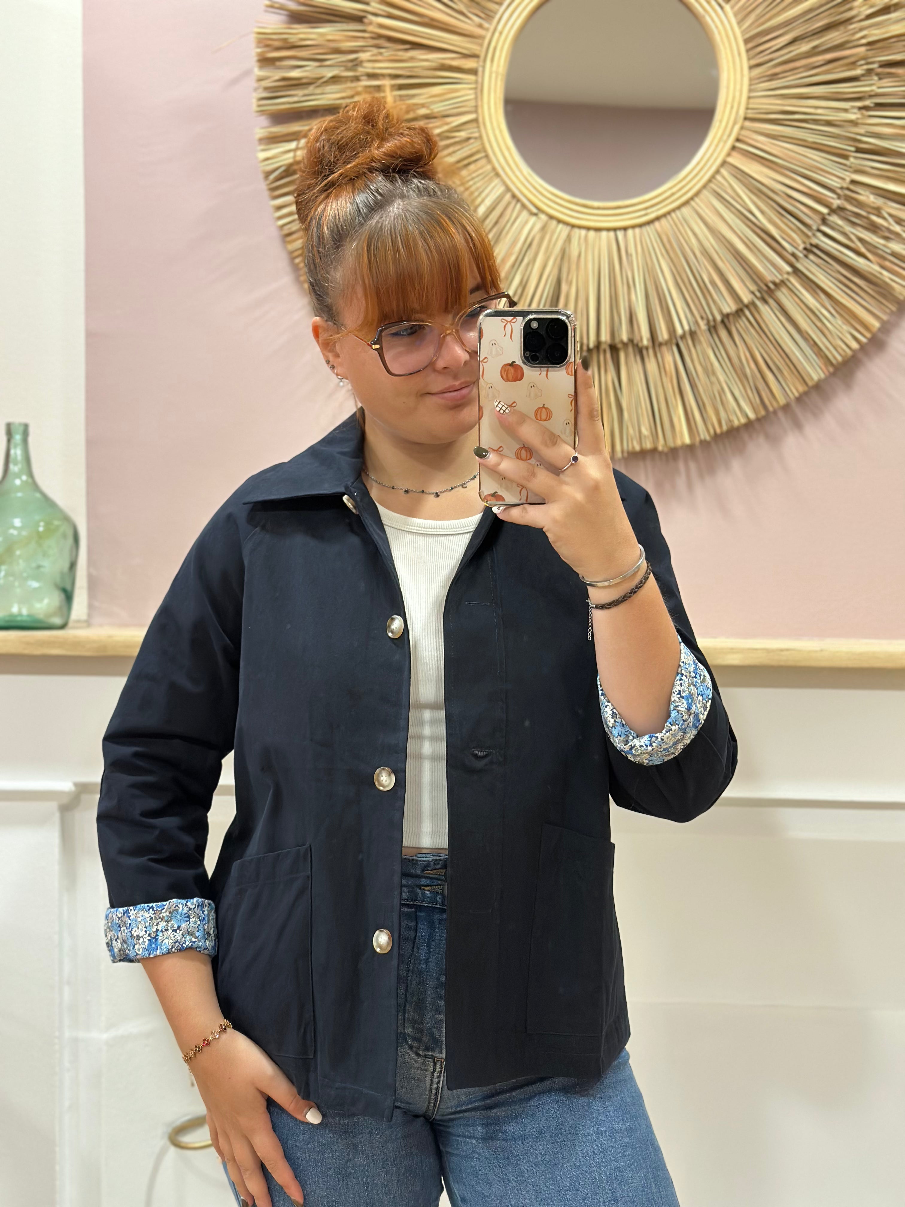 Veste mi-saison bleu marine femme avec doublure fleurie bleue et boutons effet écaille – In April 1986 – Miss Caprice